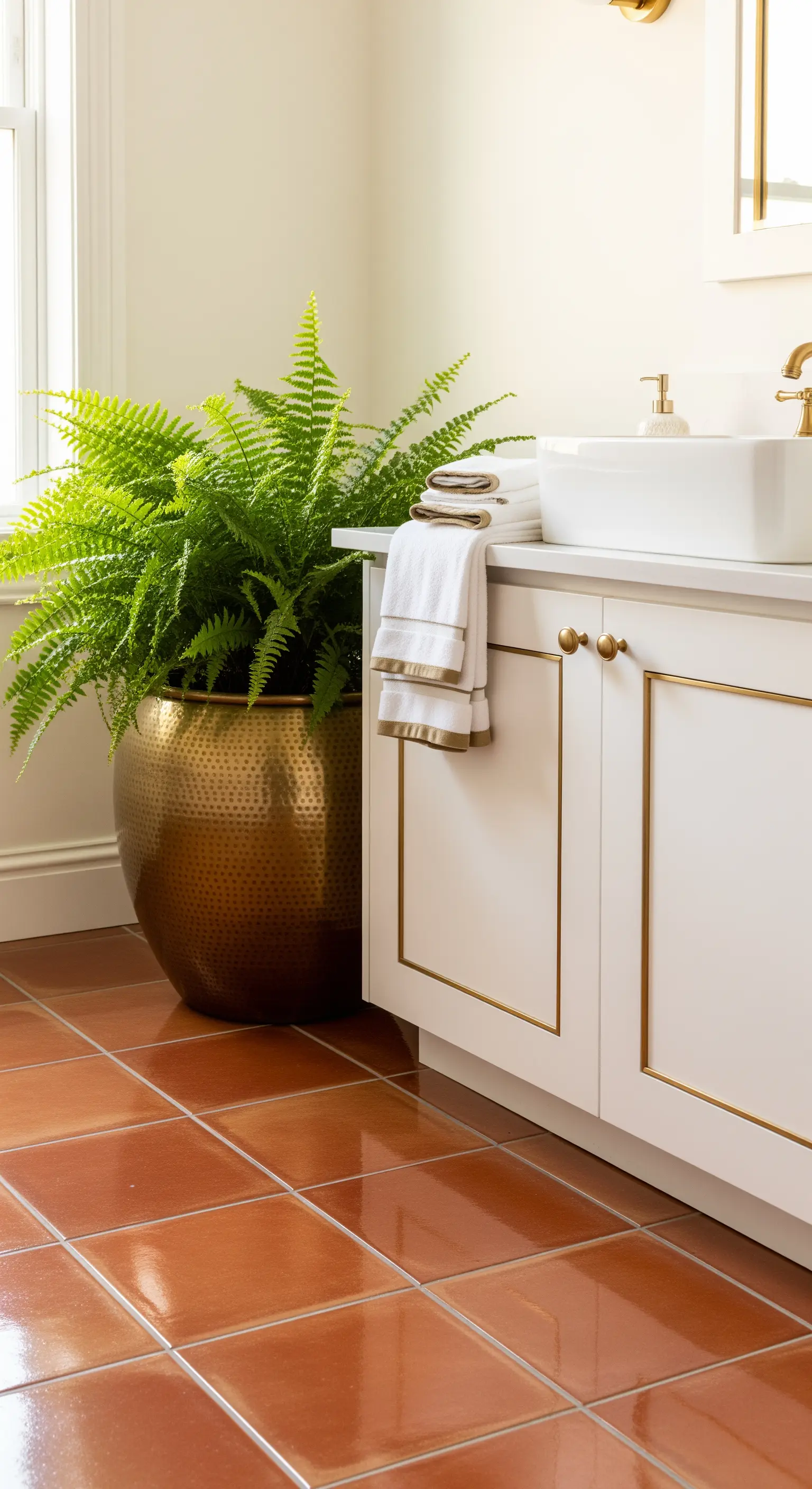 Bagno con pavimento in cotto lucido, mobile bianco con dettagli dorati e vaso in ottone.