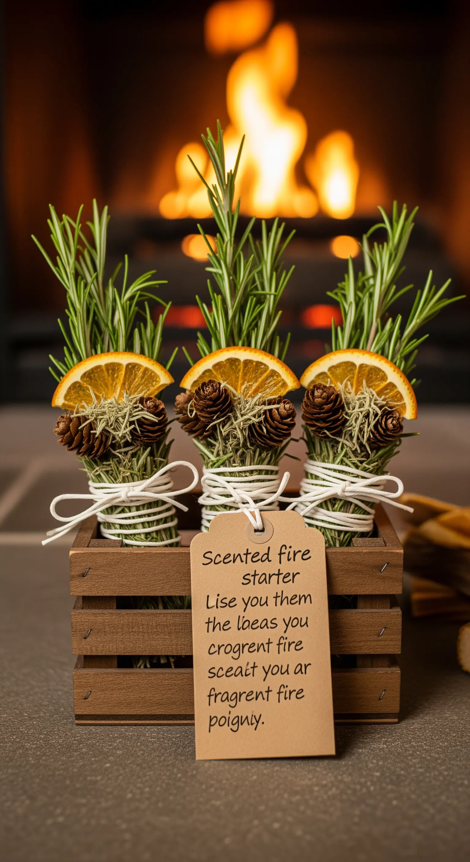 Accendifuoco naturali fatti con rosmarino, pigne e arancia secca, davanti a un camino acceso.