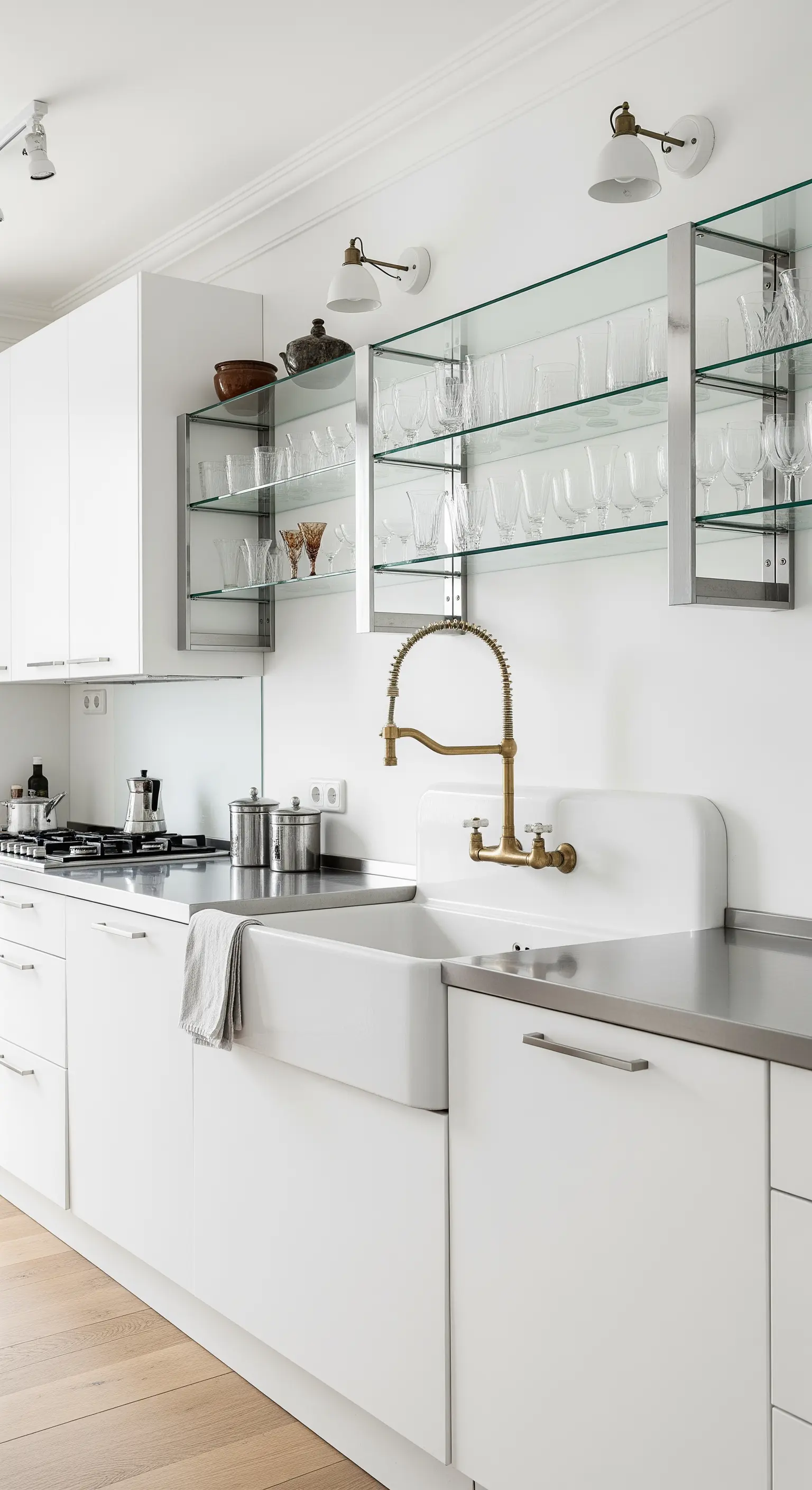 Cucina bianca con top in acciaio, lavello a vista, mensole in vetro e rubinetteria in ottone vintage.