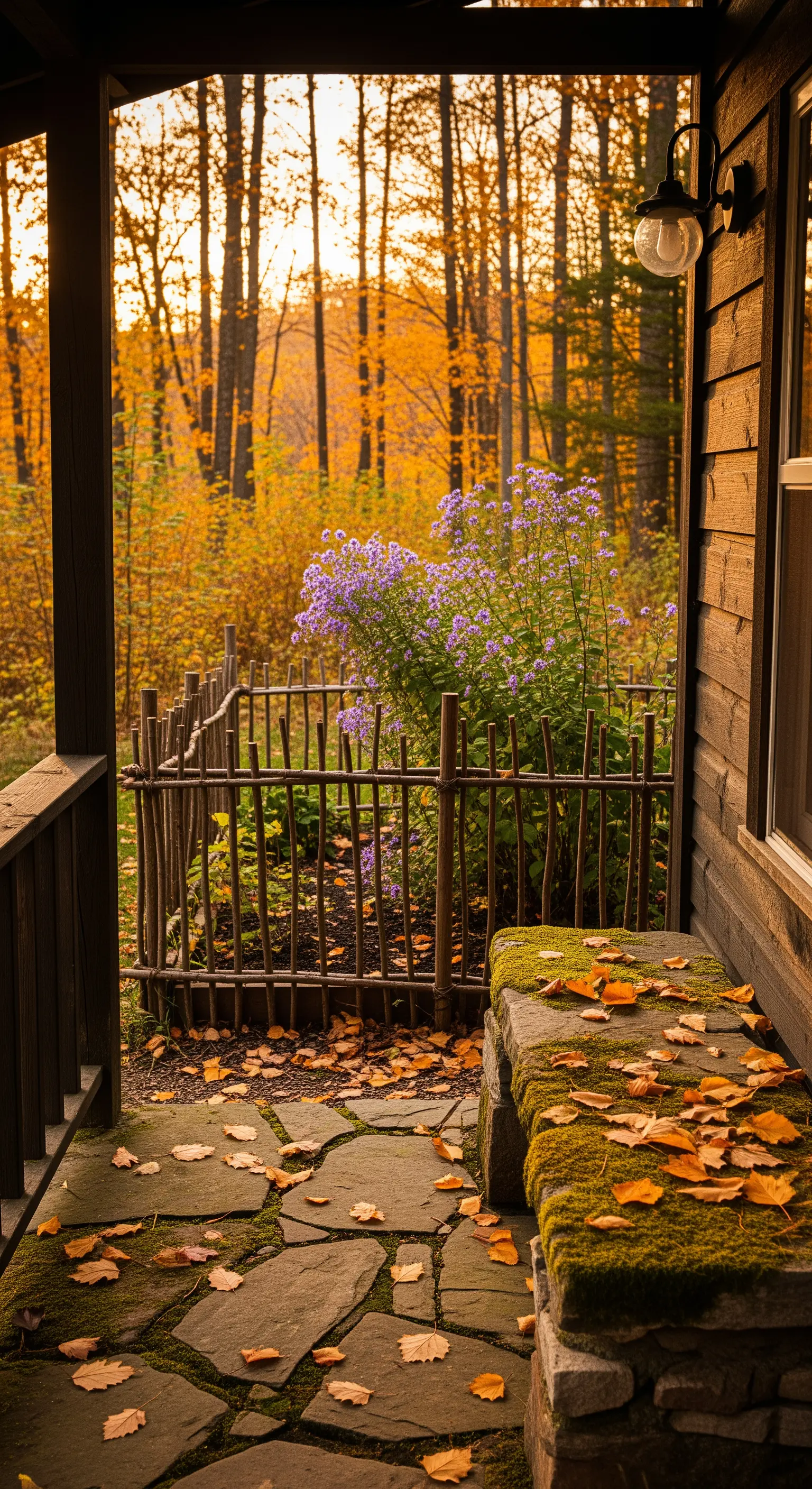 Portico autunnale con panca in pietra coperta di muschio e foglie secche sul pavimento.