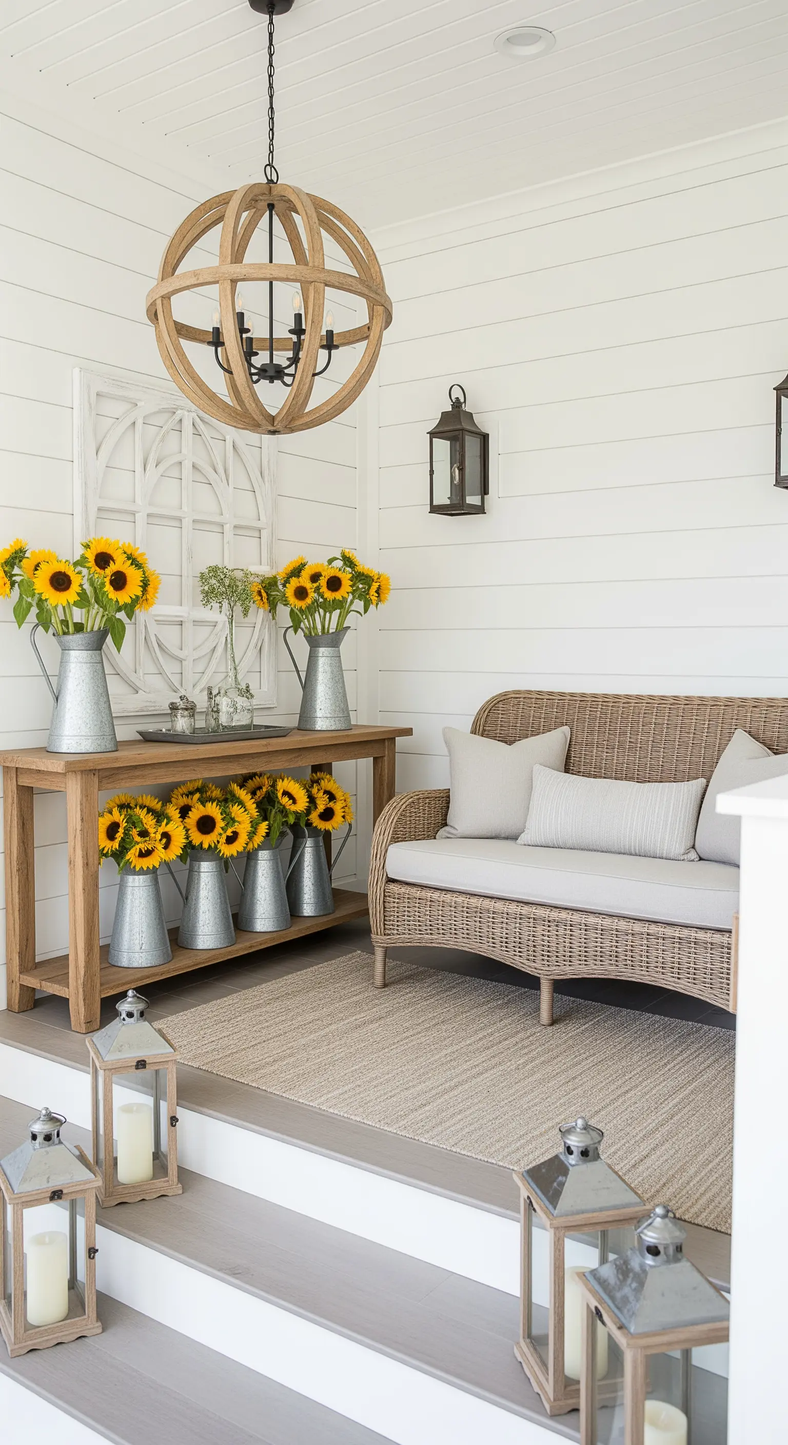 Portico in stile farmhouse con divano in vimini, consolle in legno e vasi di girasoli.