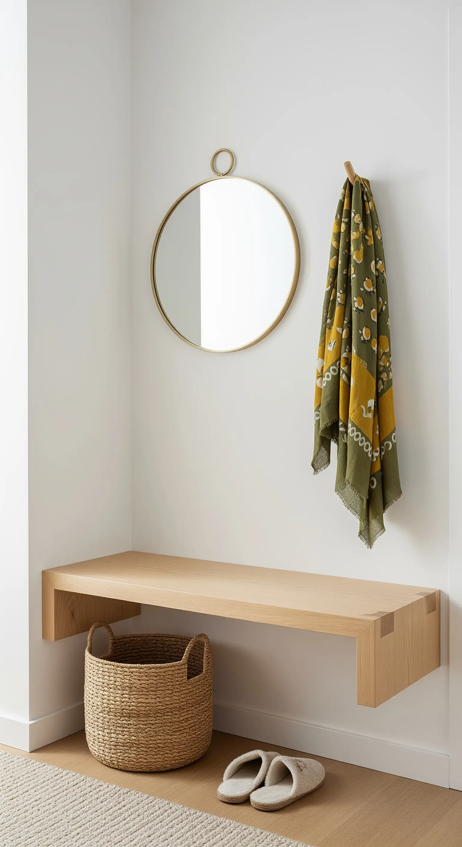 Ingresso minimalista con panca in legno sospesa, specchio rotondo e sciarpa colorata.