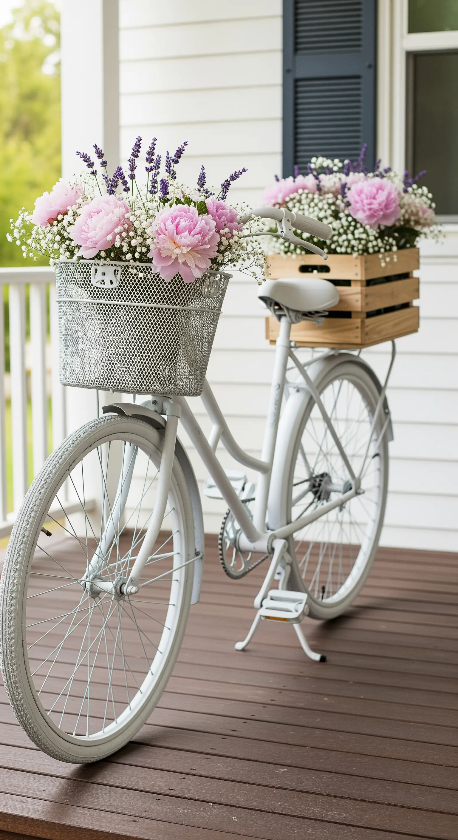 Bicicletta bianca con peonie rosa e lavanda in un cesto di metallo e in una cassetta di legno.