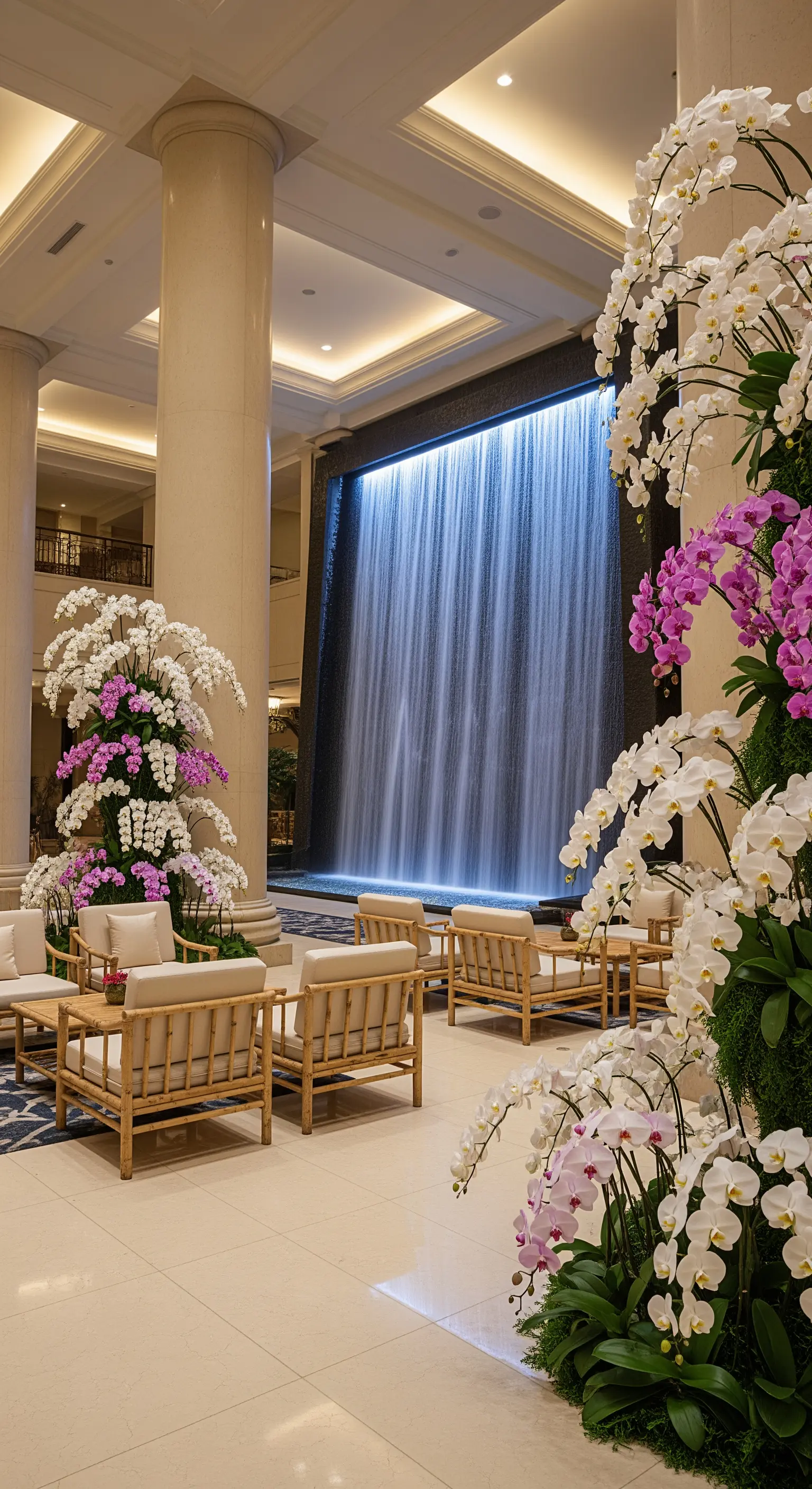 Lobby di un hotel di lusso con una cascata monumentale, sedute in bambù e grandi composizioni di orchidee.