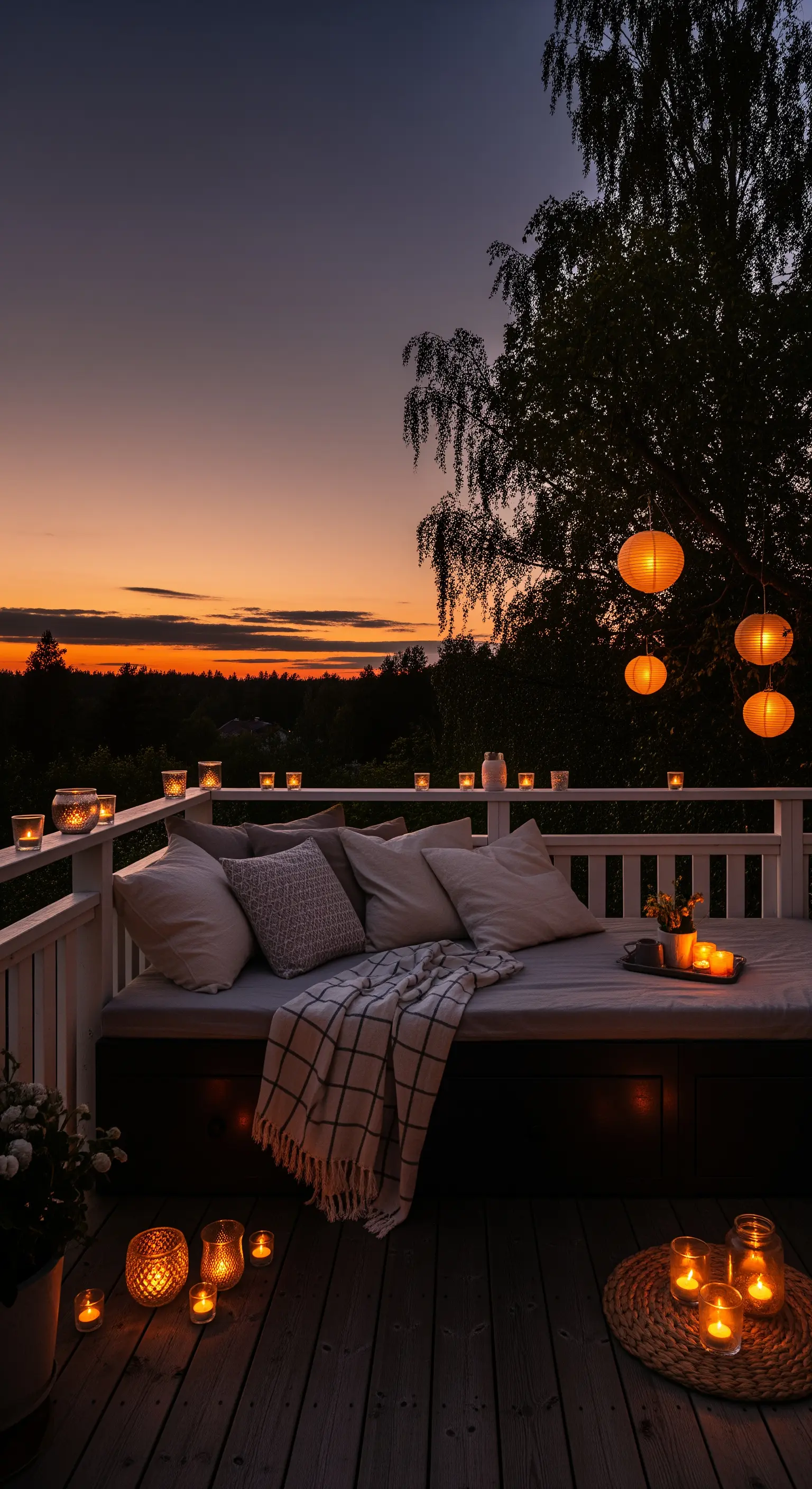 Balcone al tramonto con un daybed pieno di cuscini, illuminato da molte candele e lanterne.
