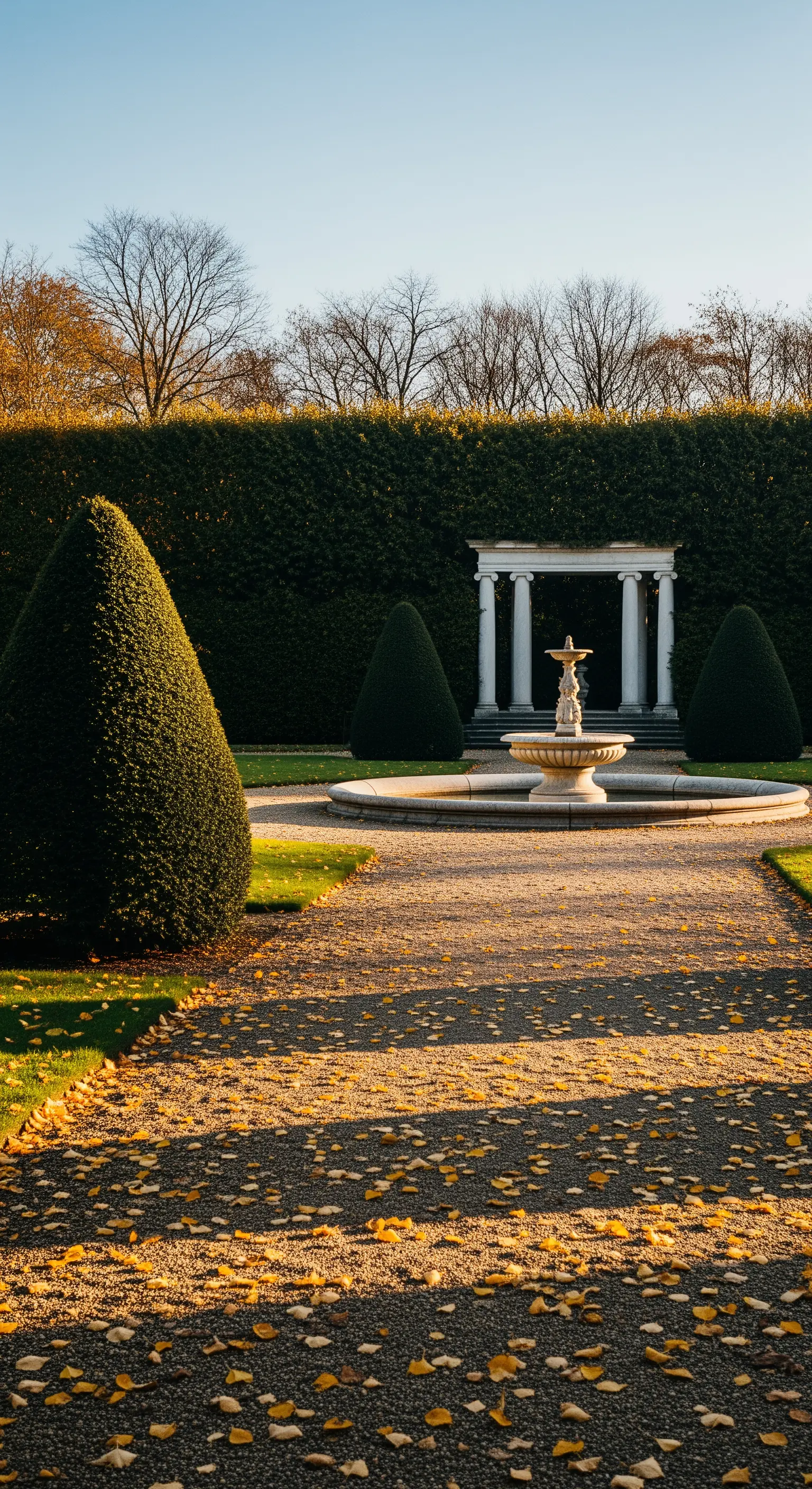 Giardino in autunno con fontana, siepi e un piccolo tempio classico in lontananza.