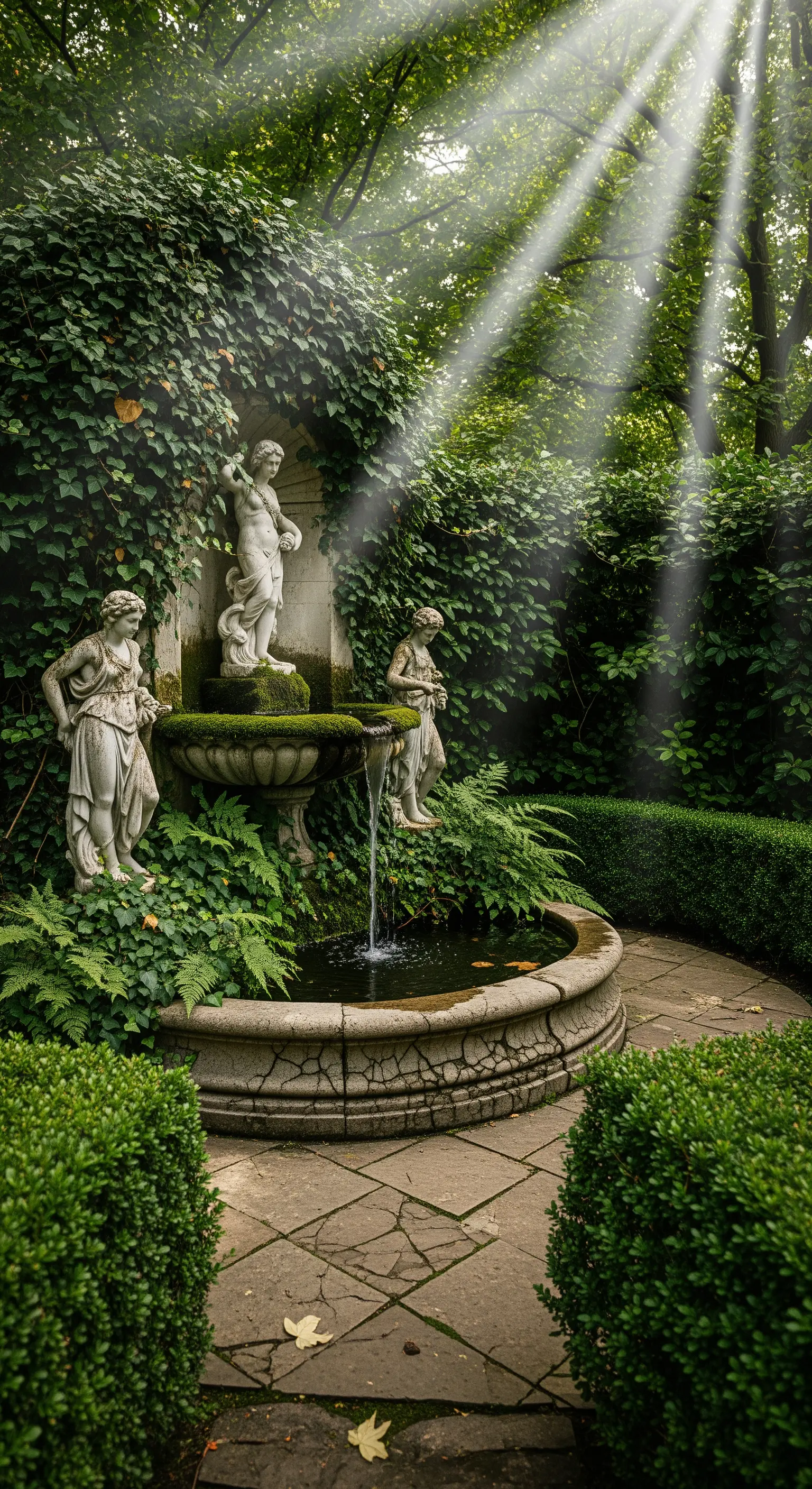 Fontana antica in pietra coperta di muschio, immersa in una vegetazione fitta e rigogliosa.