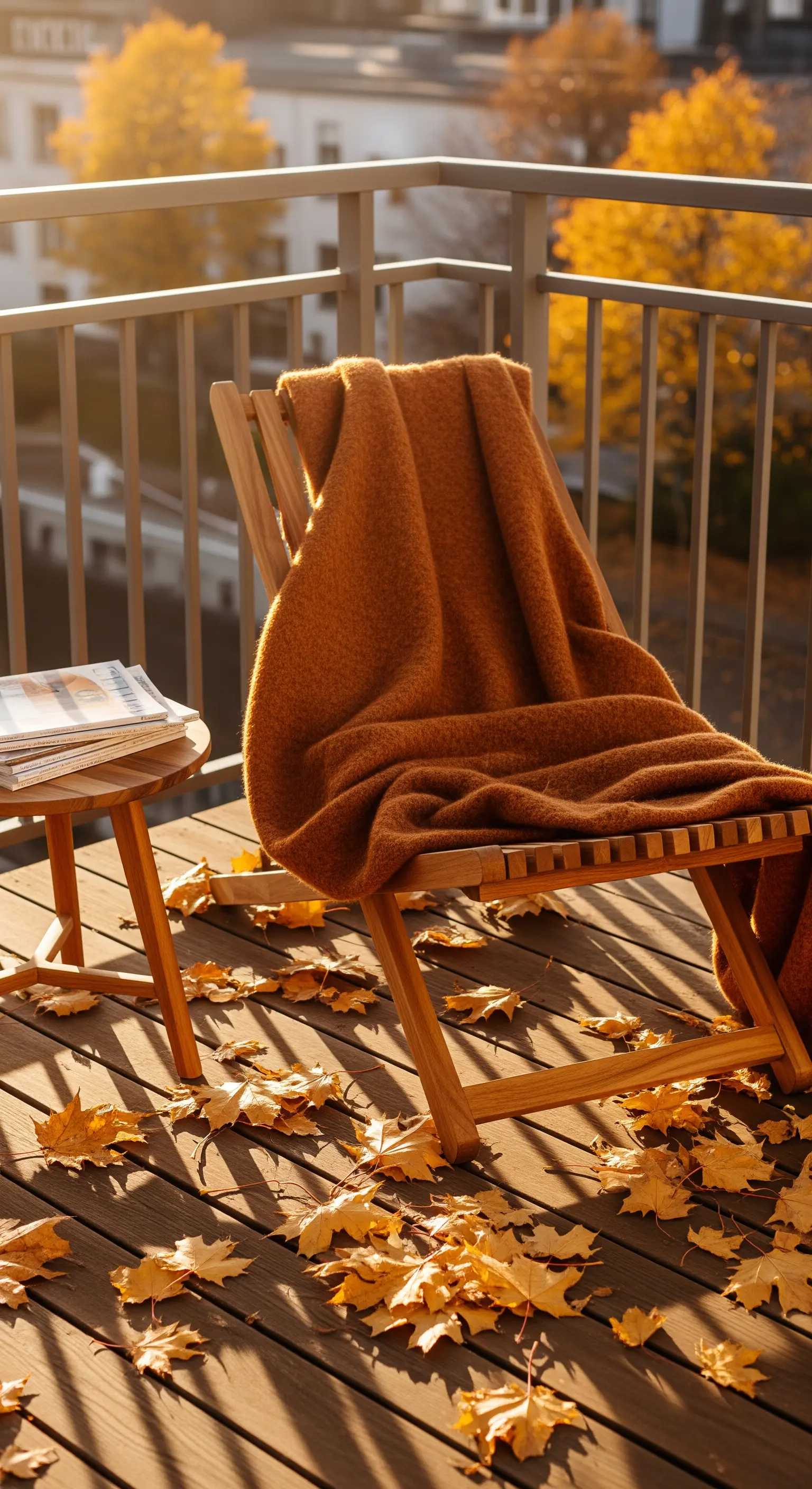 Sedia pieghevole in legno con coperta color ocra su un balcone con foglie autunnali a terra.