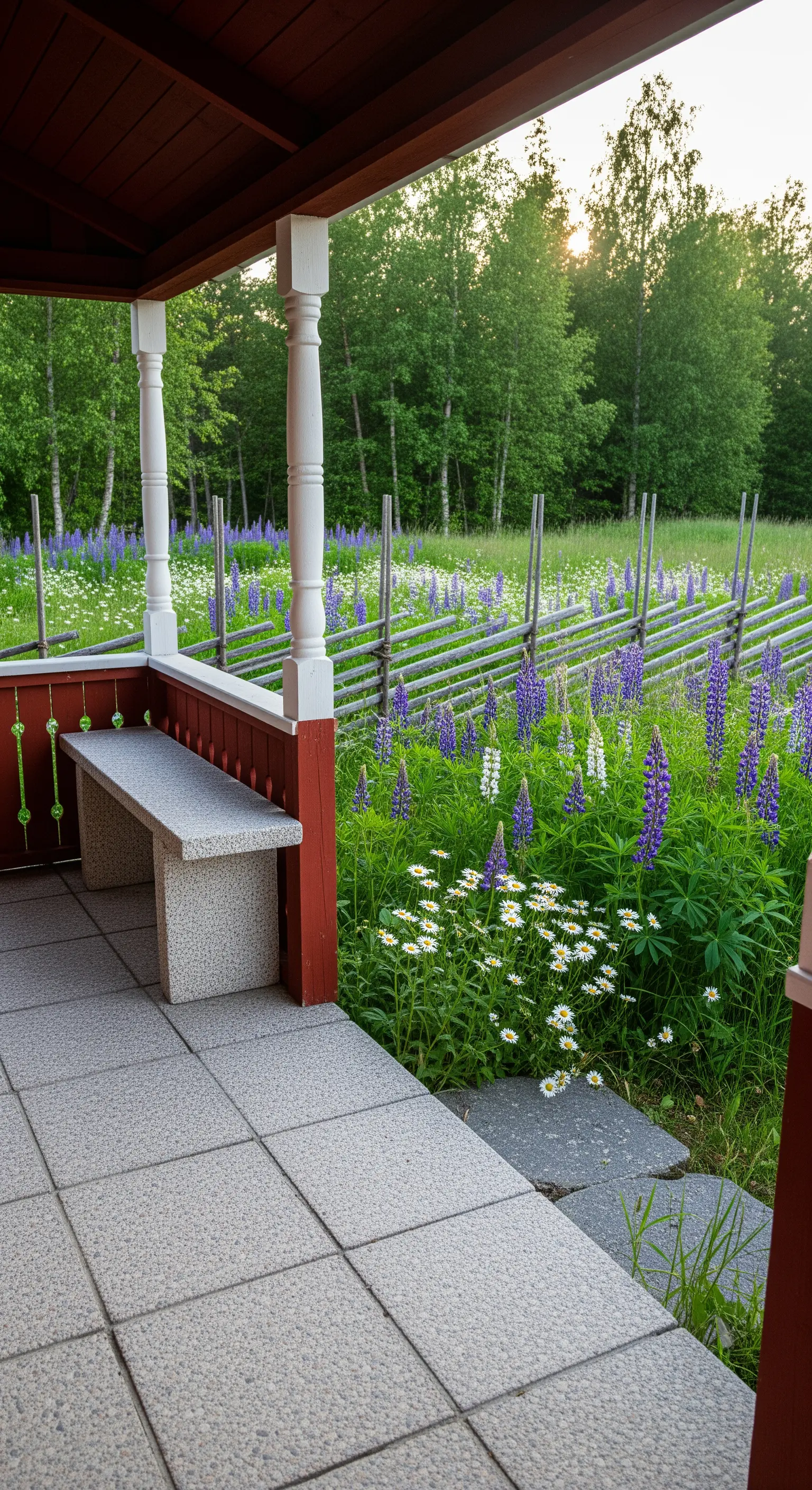 Portico con dettagli rossi, panca in granito e un campo di lupini e margherite sullo sfondo.