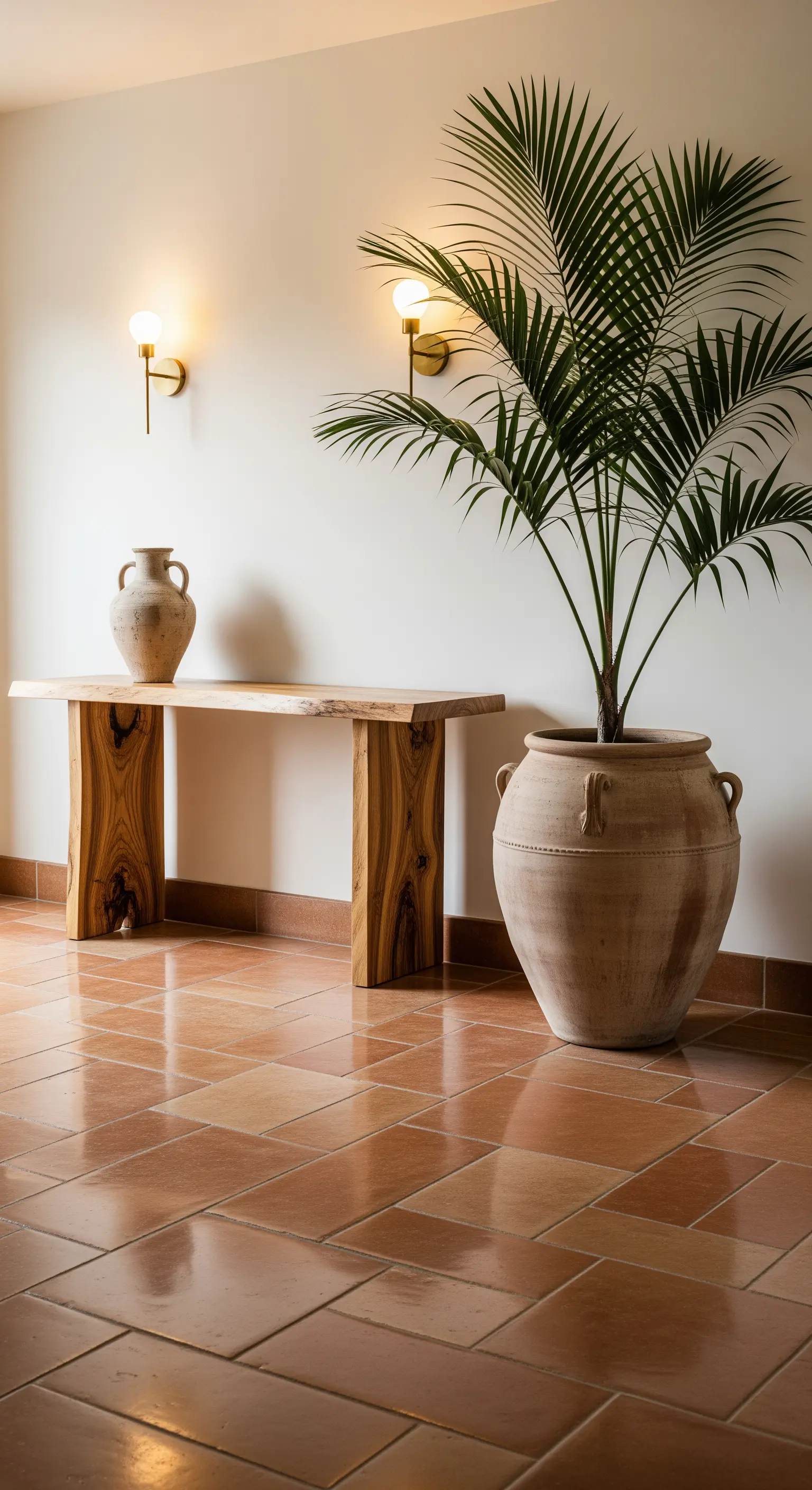 Consolle in legno massiccio con bordo irregolare e un grande vaso in terracotta su pavimento in cotto.