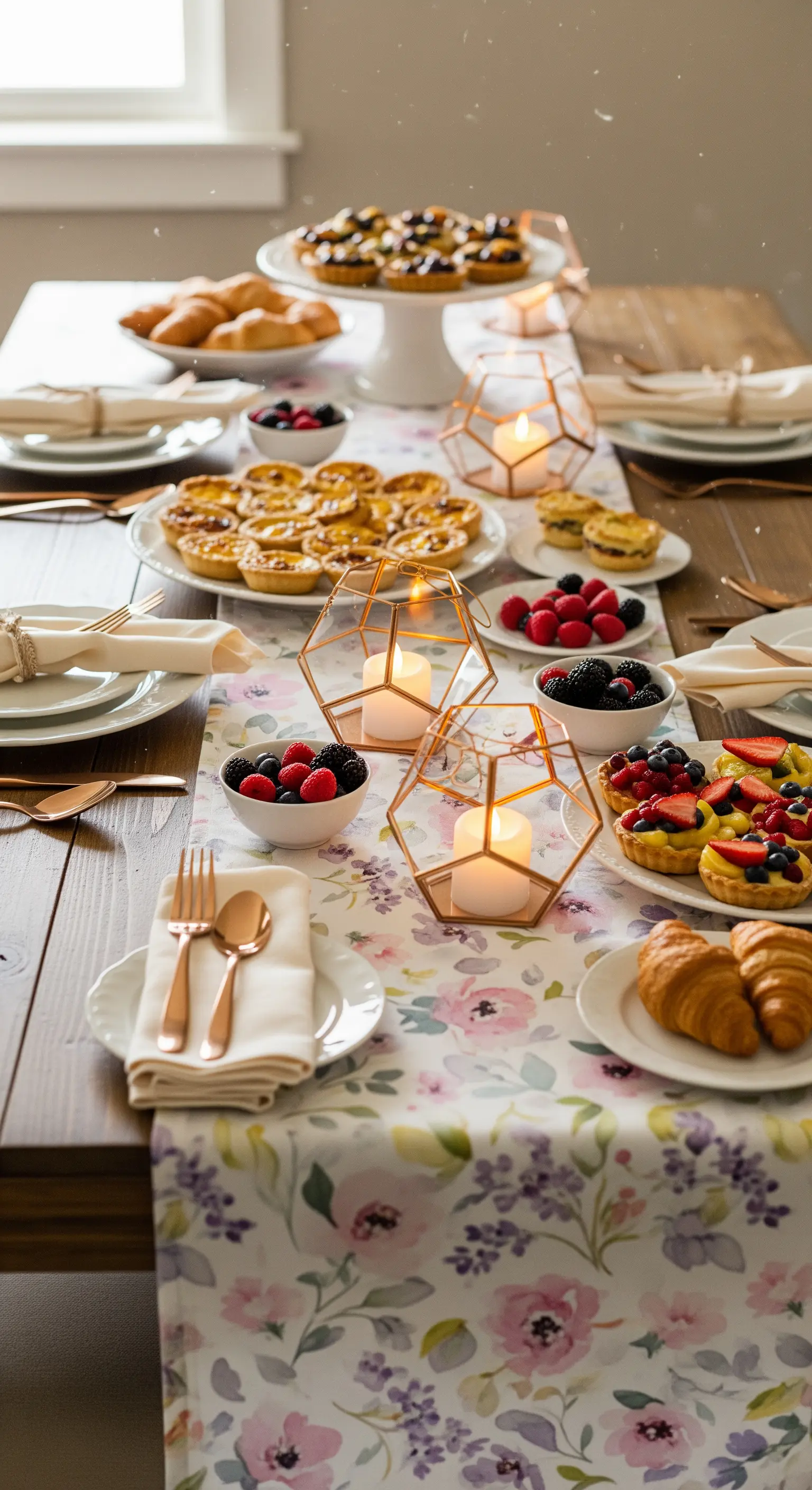 Runner con stampa floreale ad acquerello, abbinato a portacandele geometrici color rame.