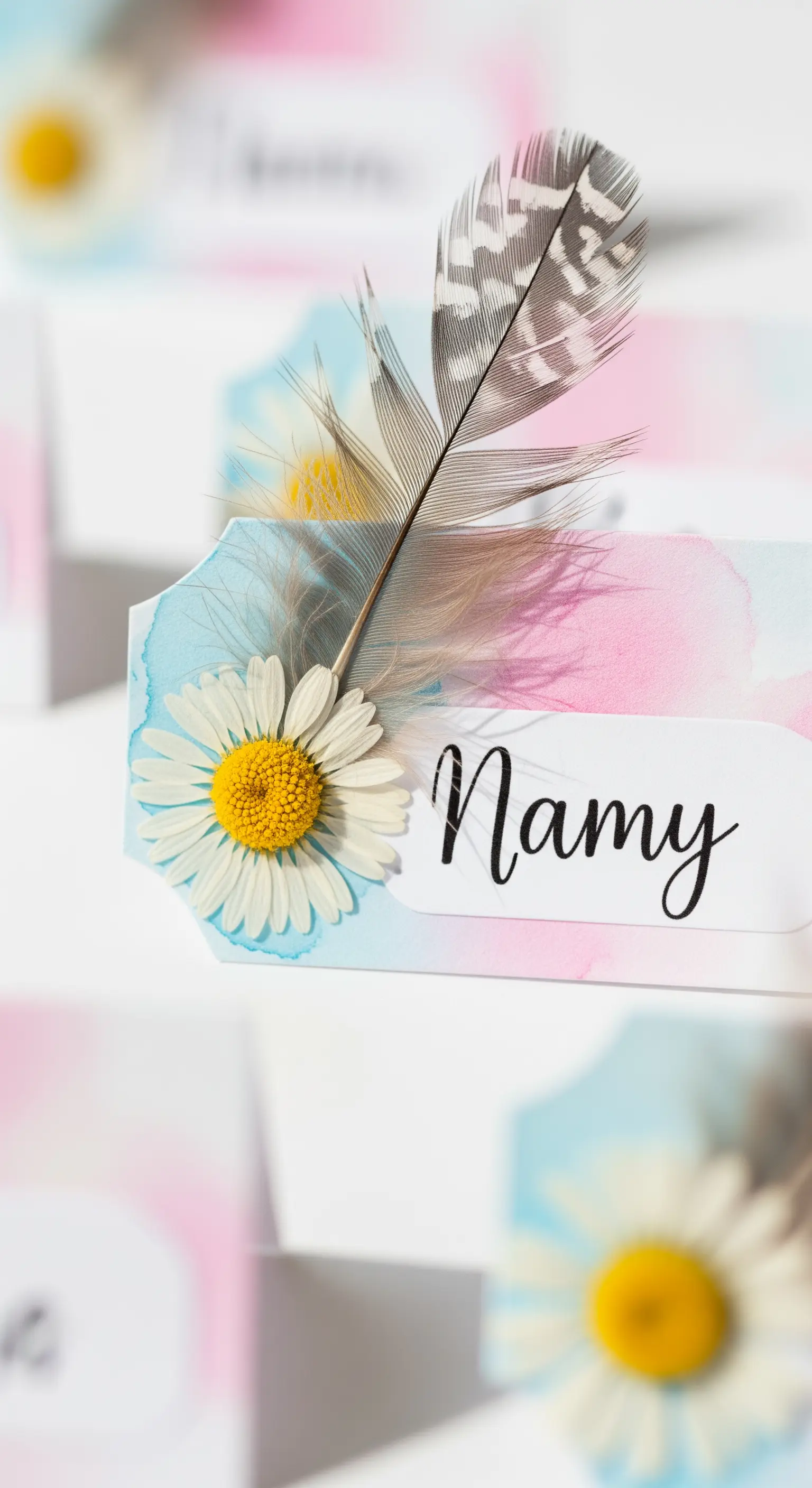 Segnaposto con sfondo ad acquerello, una margherita fresca e una piccola piuma.