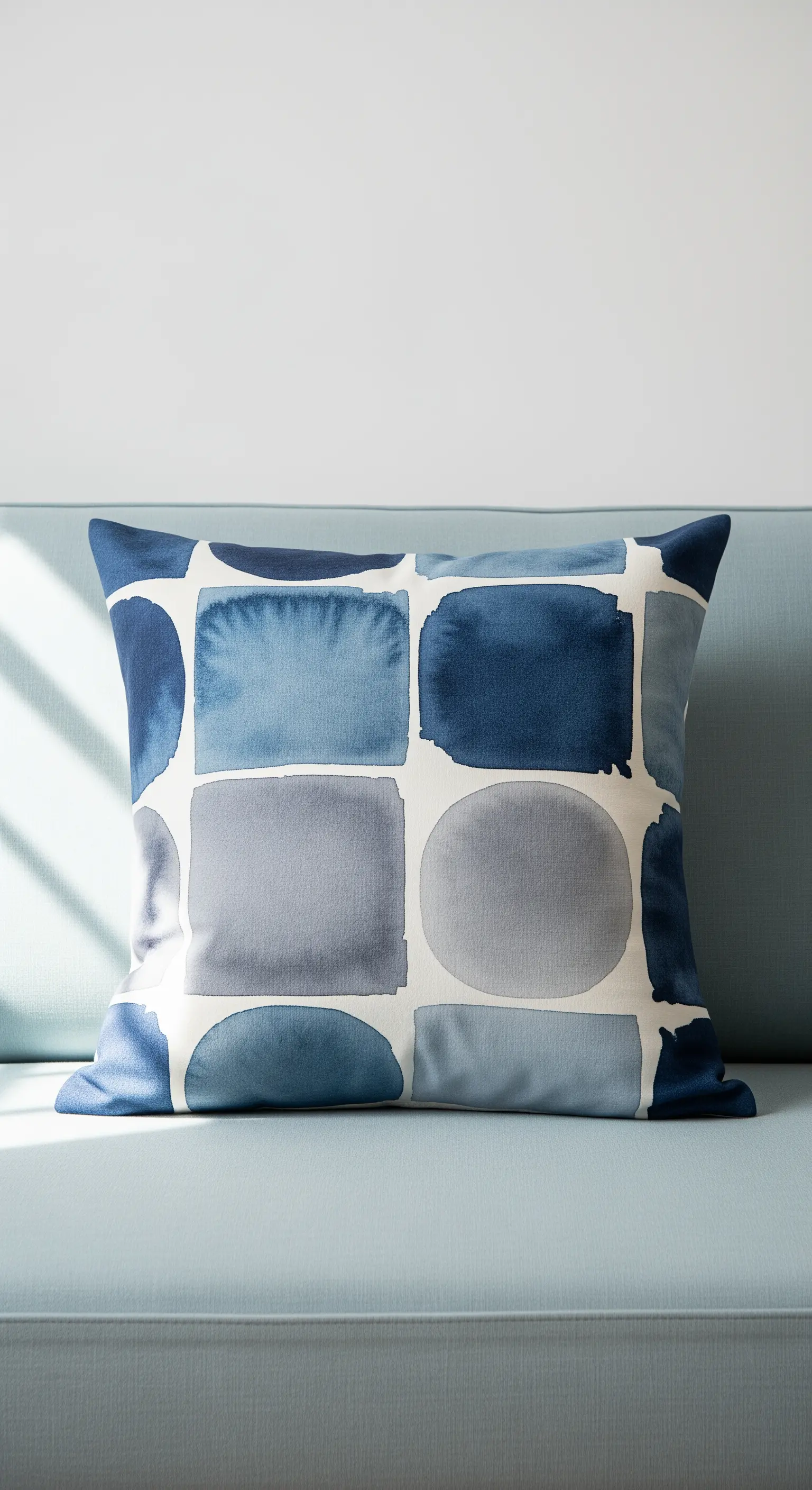 Cuscino con quadrati e cerchi dipinti con effetto acquerello nelle tonalità del blu e del grigio.