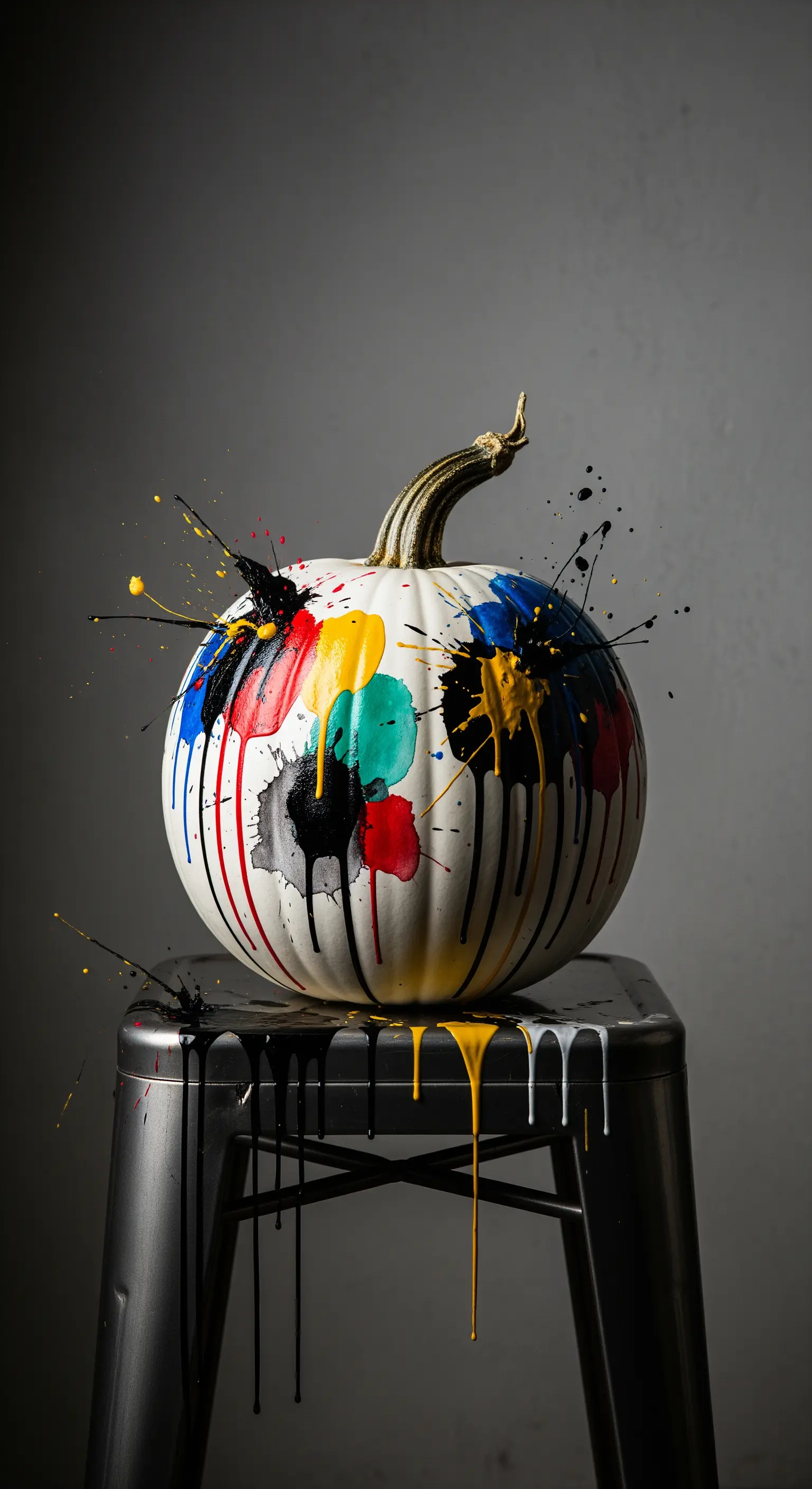 Zucca bianca su uno sgabello con schizzi e colature di vernice nera, gialla, blu e rossa.