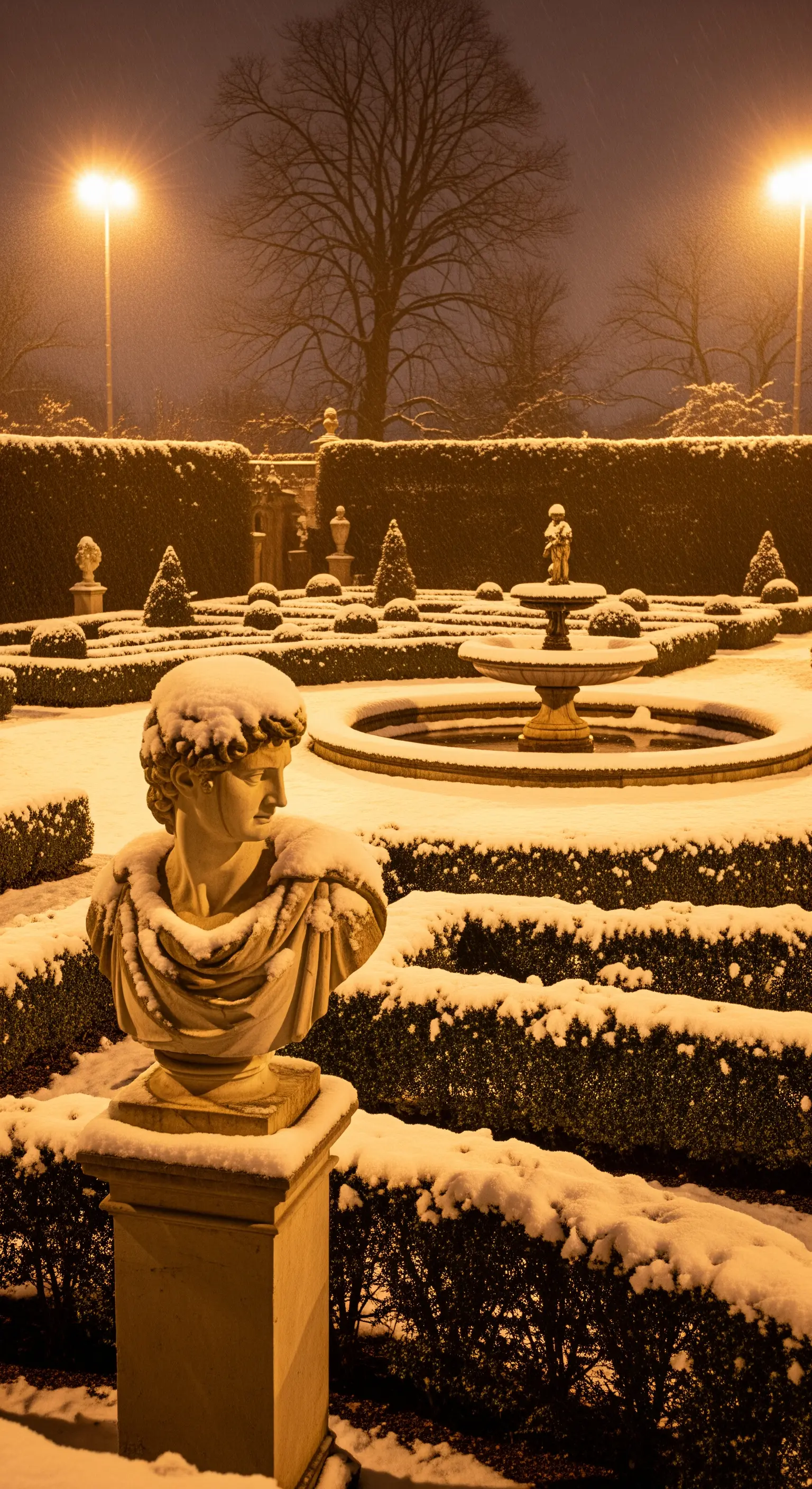 Giardino formale coperto di neve, con un busto di statua in primo piano e luci calde color ambra.