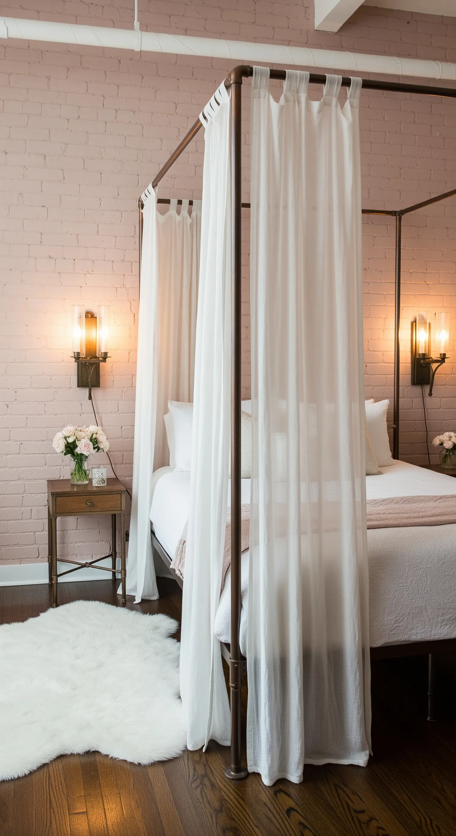 Letto a baldacchino con tende bianche davanti a una parete di mattoni dipinta di rosa cipria.