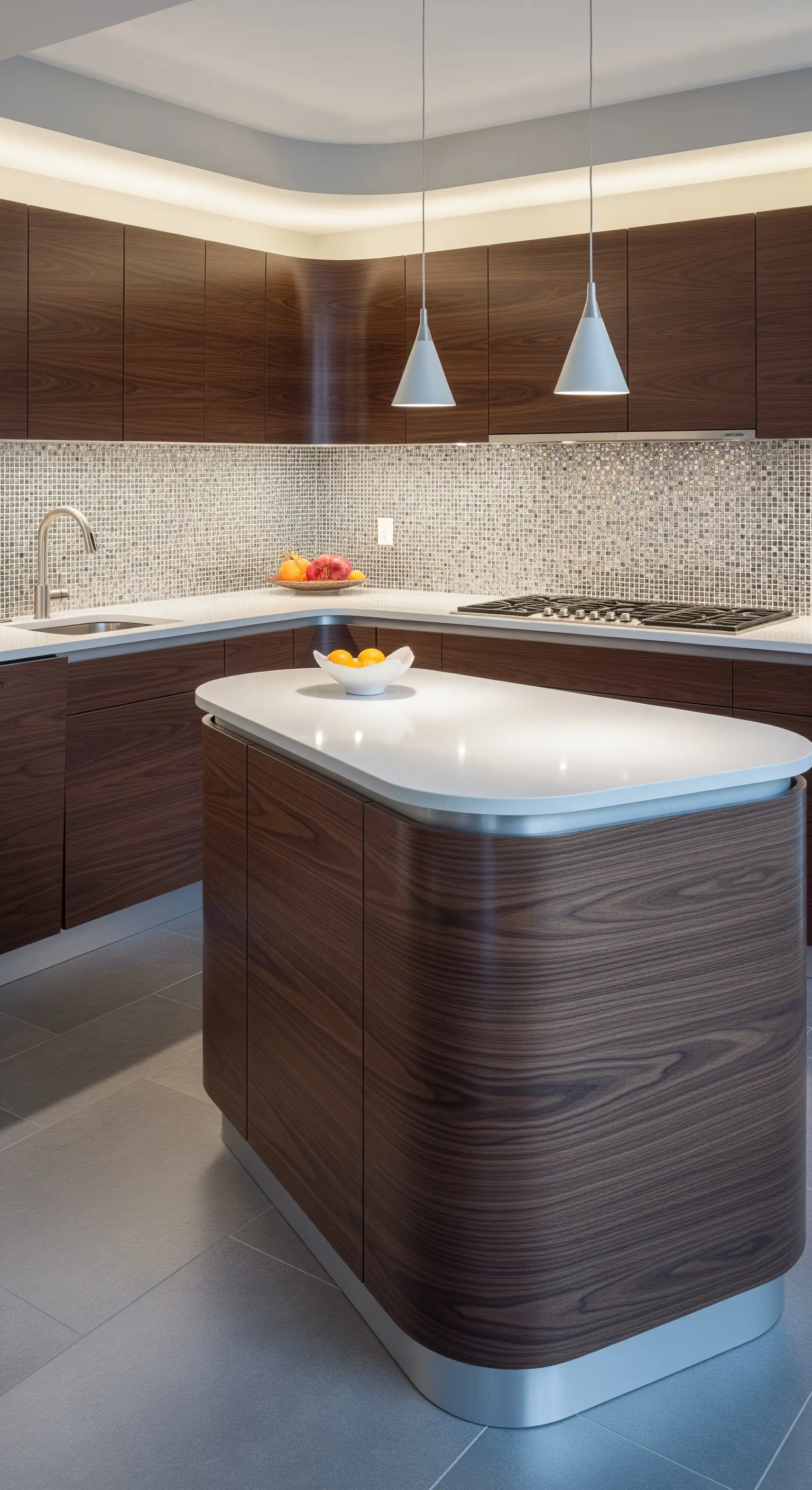 Cucina moderna con mobili in legno scuro e un'isola dagli angoli arrotondati.