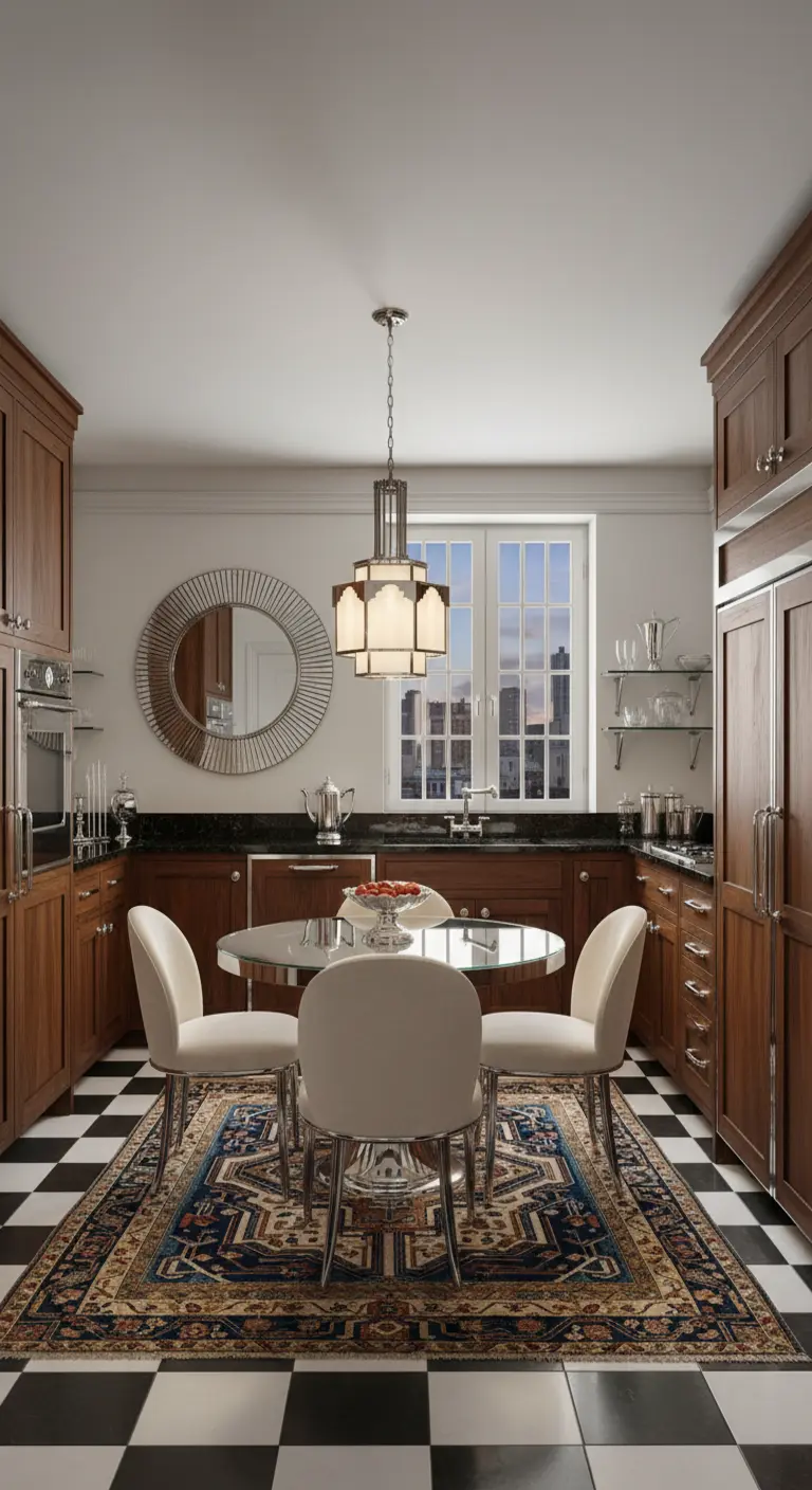 Cucina con pavimento a scacchiera, specchio rotondo e tappeto persiano.