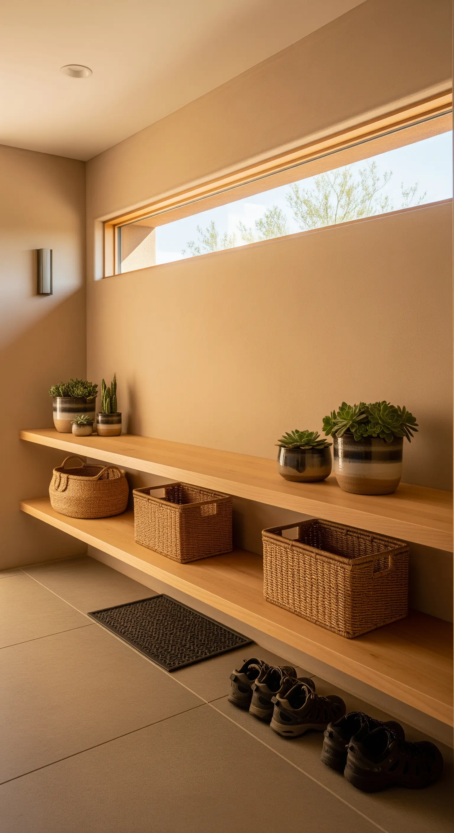 Lunghe mensole sospese in legno chiaro con piante e cesti, in un ambiente dalle tonalità neutre.