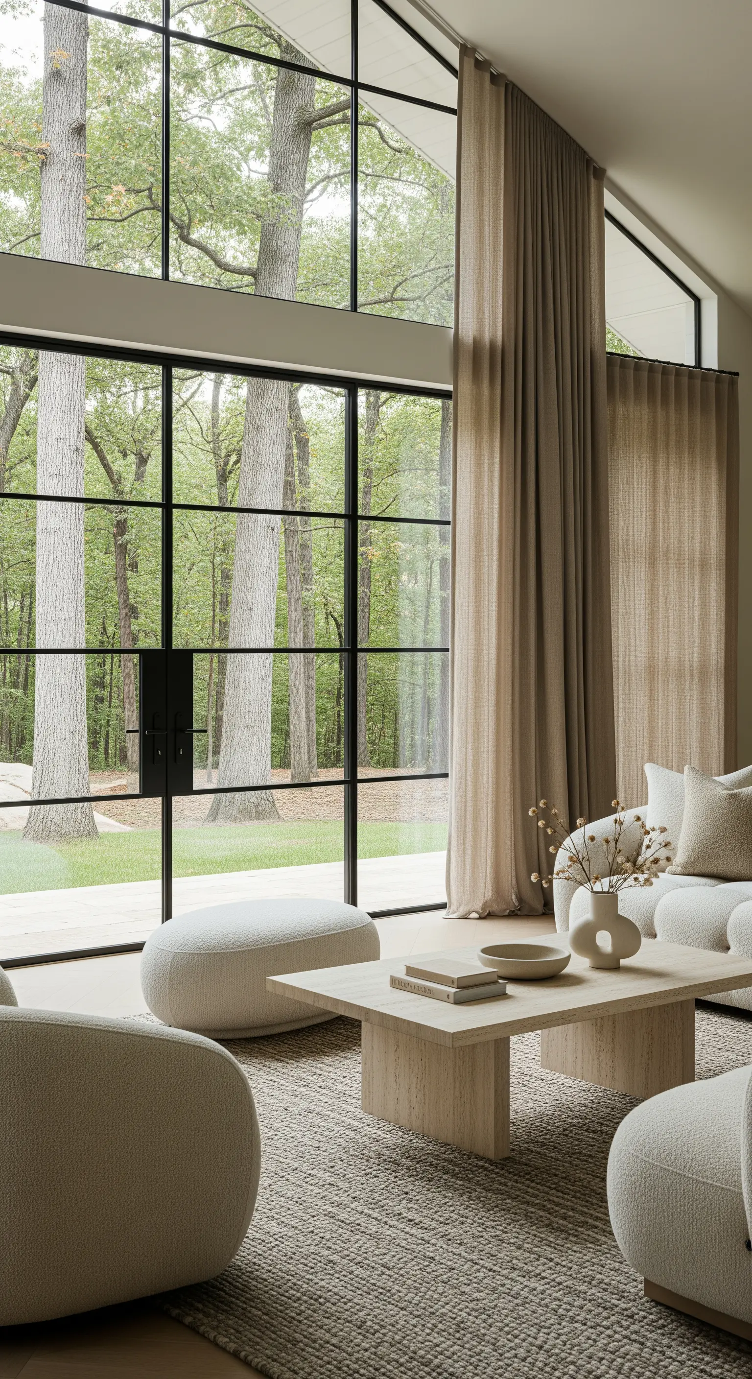 Salotto moderno con pareti vetrate a doppia altezza e tende in lino beige su misura.