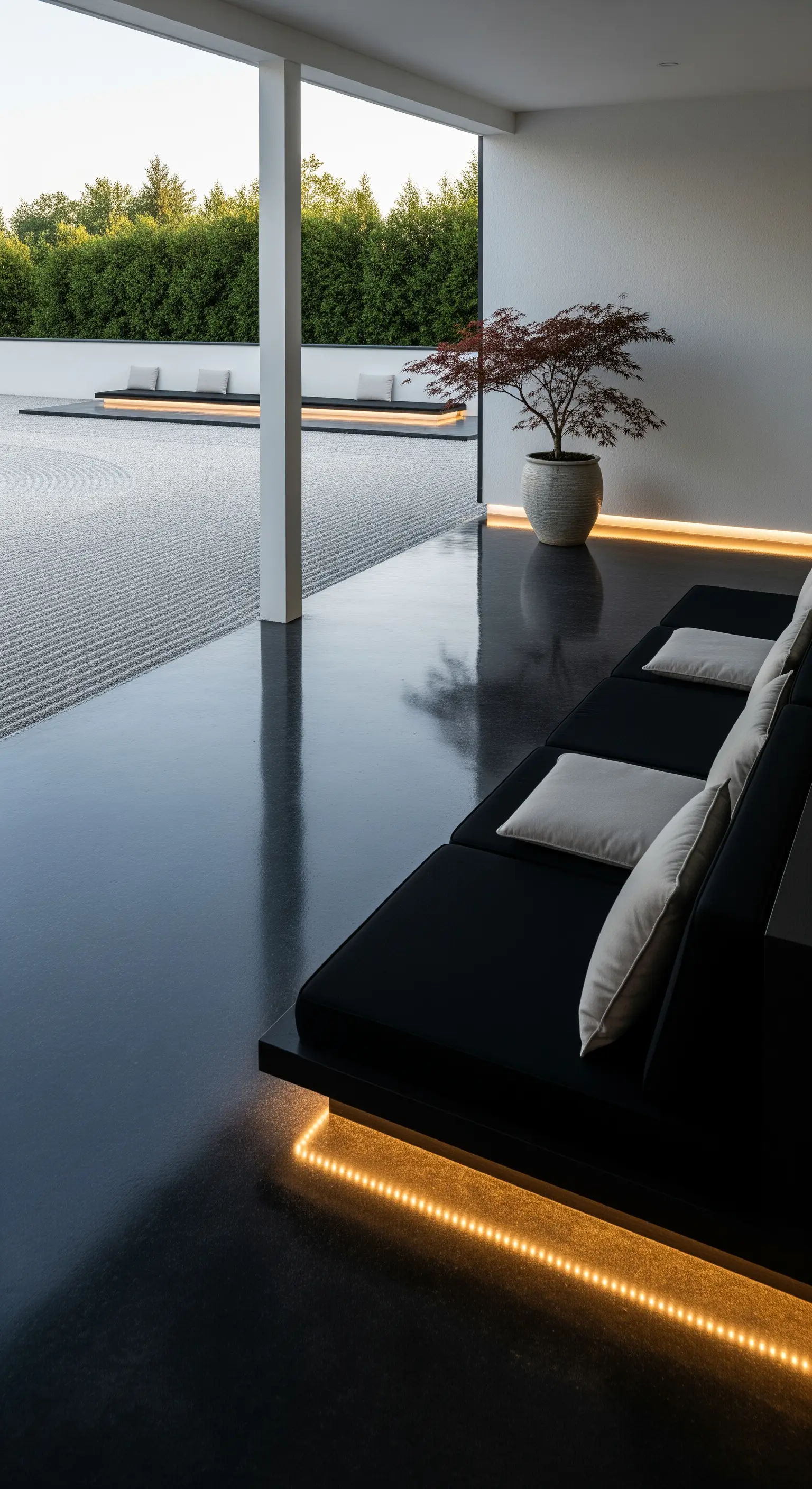 Portico zen con pavimento nero lucido, sedute basse e illuminazione LED calda alla base
