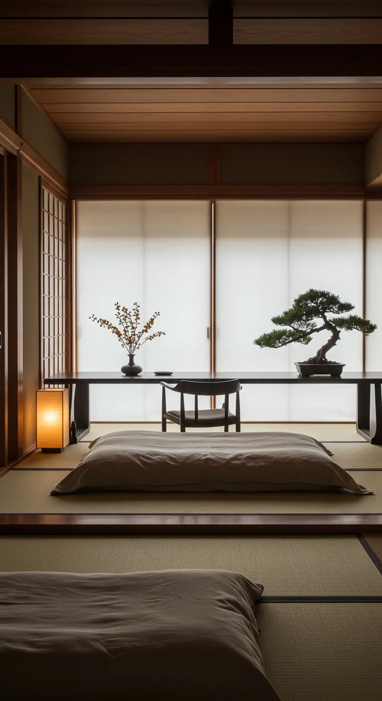 Stanza in stile giapponese con tavolo da lavoro basso nero, sedia e bonsai.