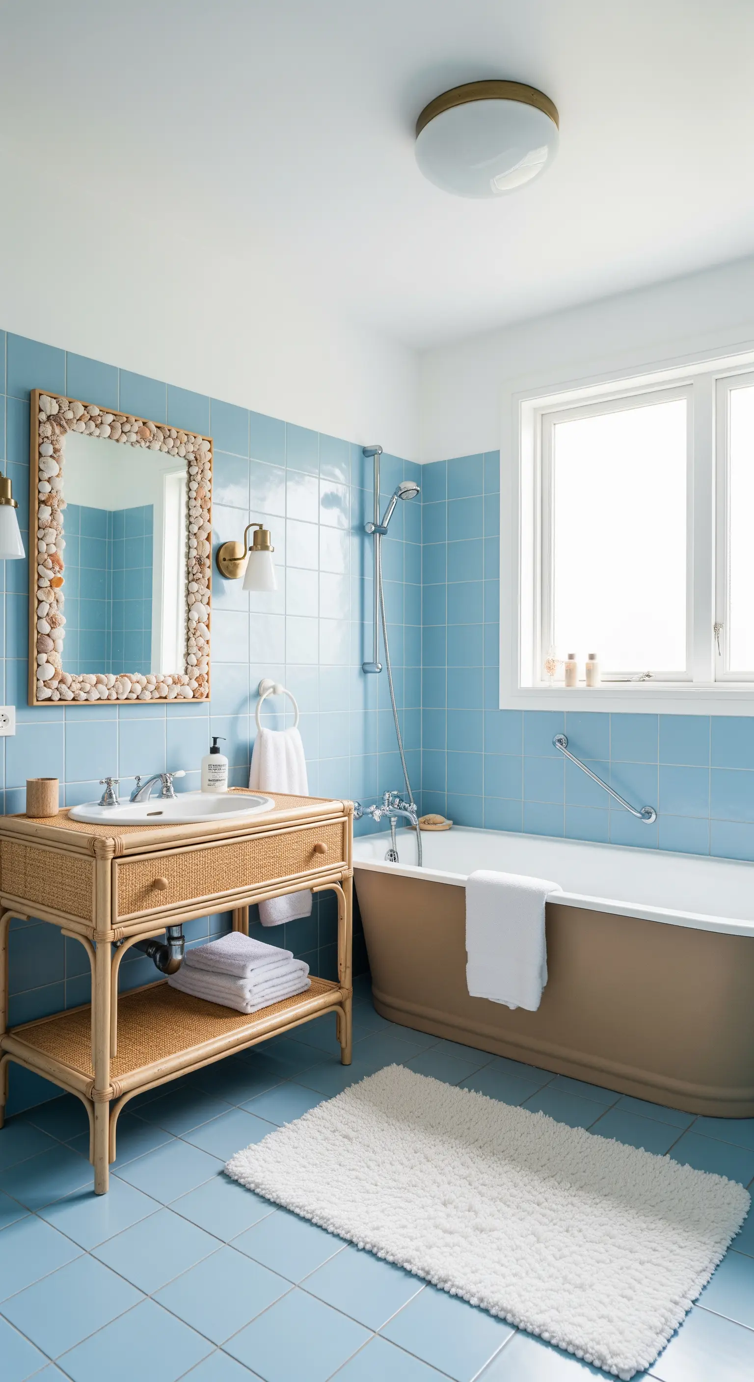 Bagno con piastrelle azzurre, mobile in rattan e specchio con cornice di conchiglie.