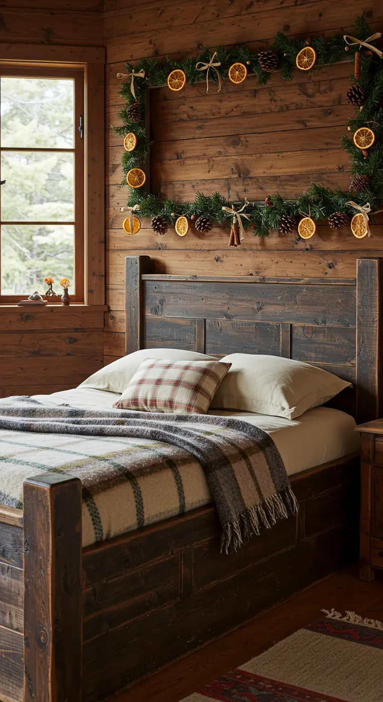 Camera da letto in stile baita con letto in legno scuro e ghirlanda natalizia alla parete.