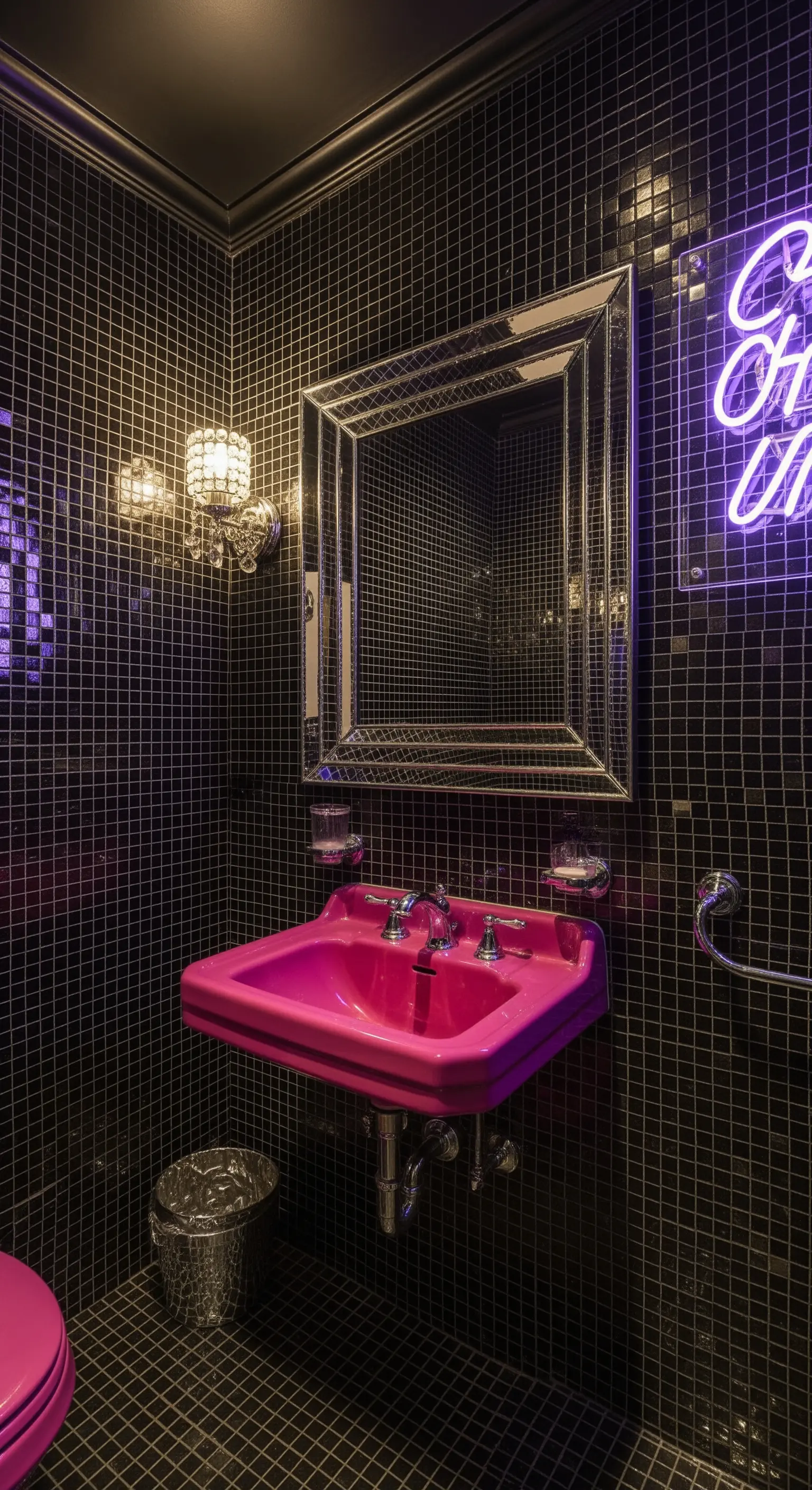 Bagno di servizio con mosaico nero, lavabo fucsia e luce al neon.