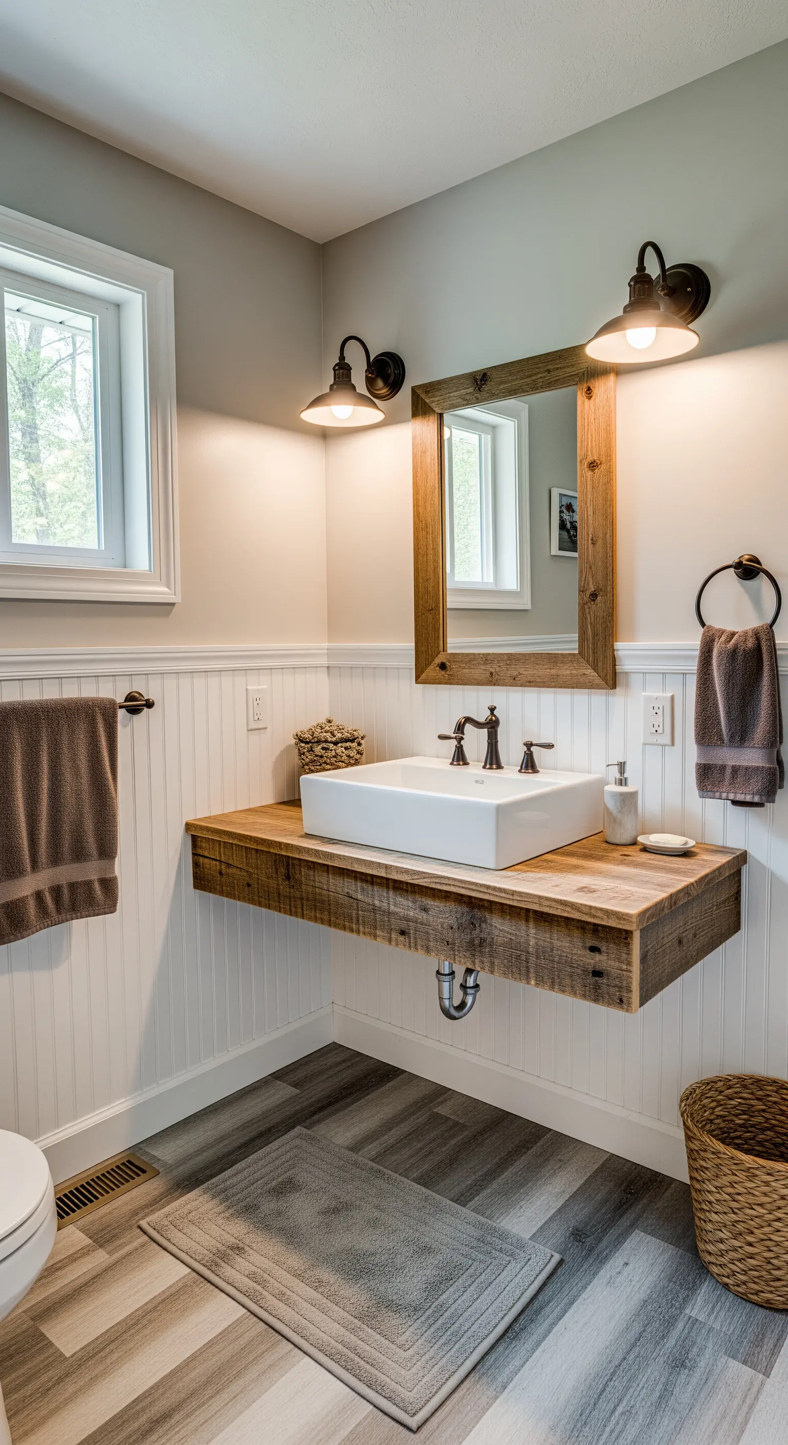 Piano lavabo sospeso realizzato con una spessa mensola in legno di recupero.