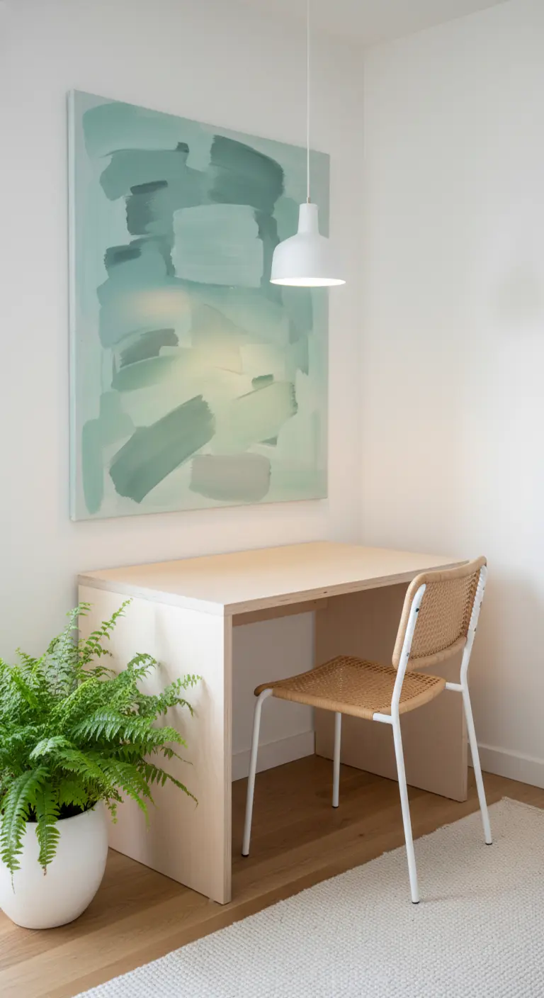 Scrivania minimale in legno chiaro e sedia in corda intrecciata sotto un quadro astratto.