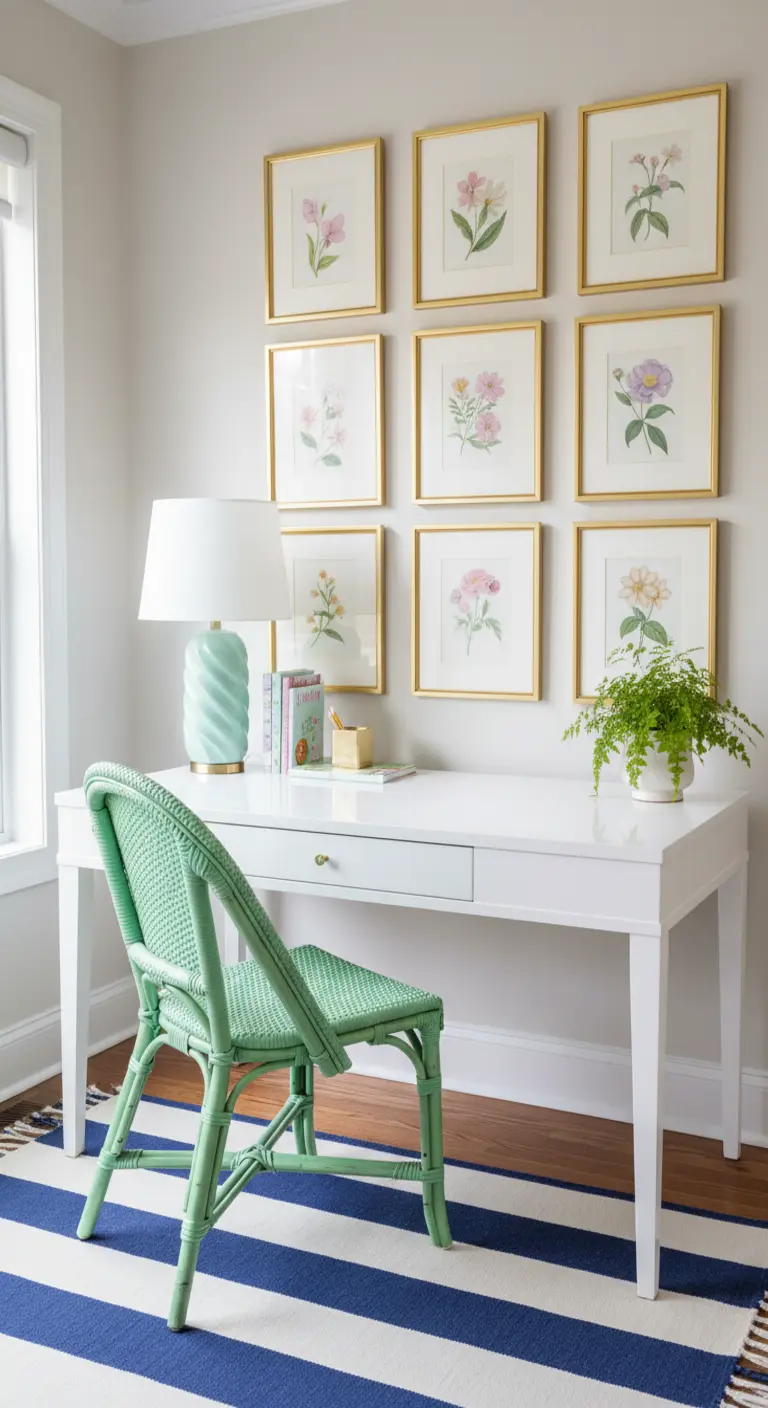 Scrivania bianca con sedia in rattan verniciata di verde menta su un tappeto a righe blu.