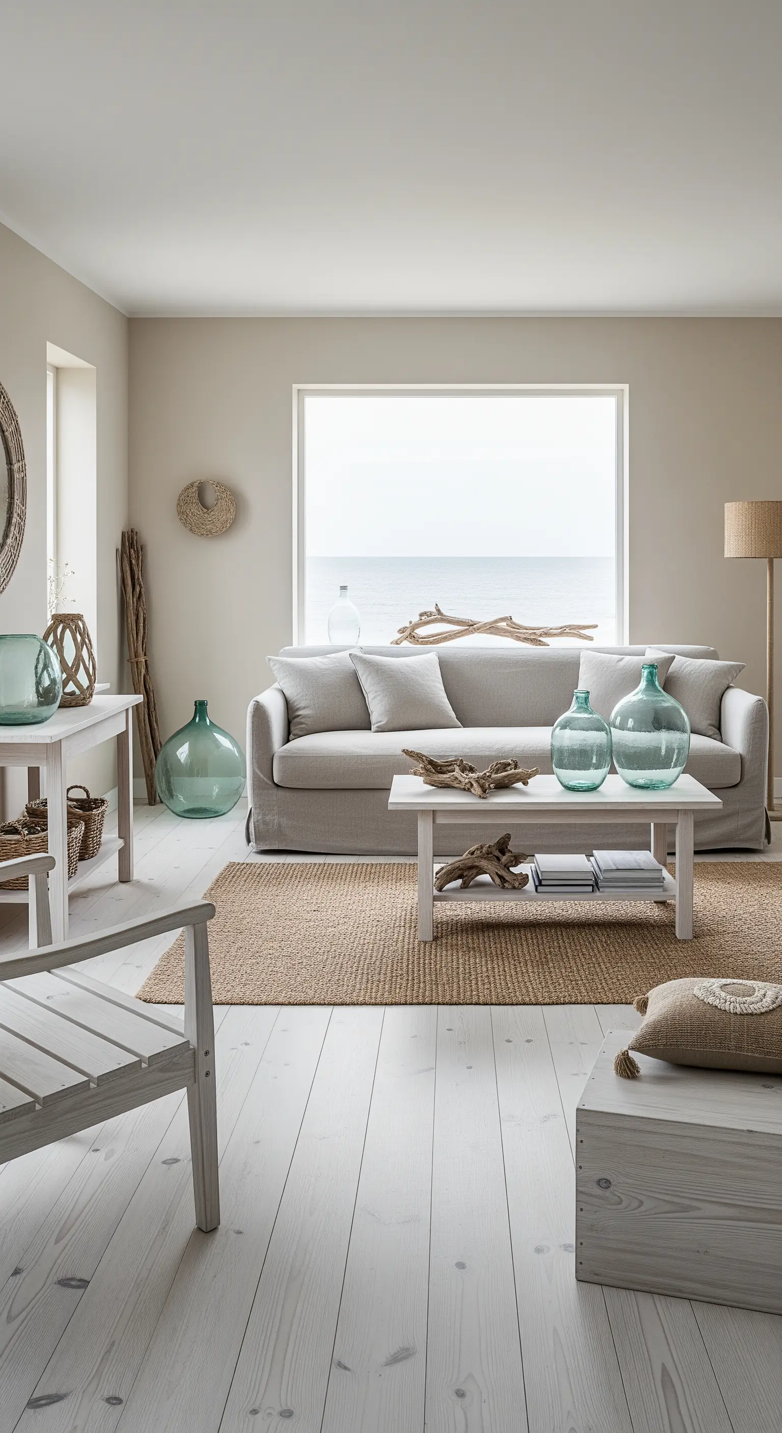 Salotto in stile coastal scandinavo con pavimento bianco, divano sabbia e damigiane in vetro verde.
