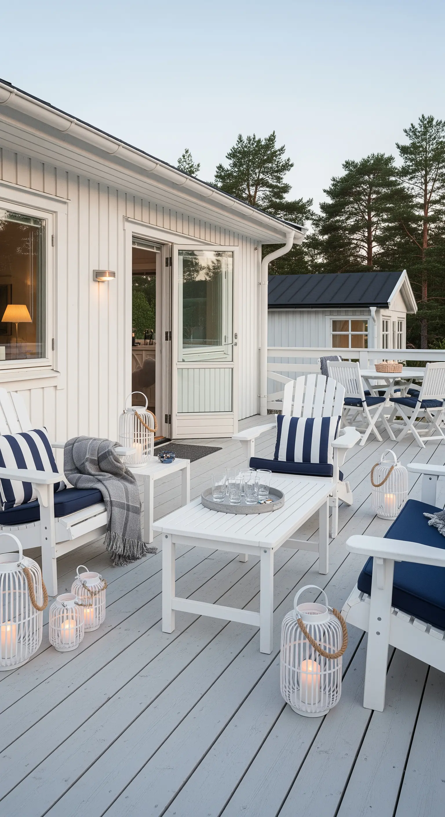 Patio con deck bianco, sedie Adirondack e cuscini a righe blu e bianche.
