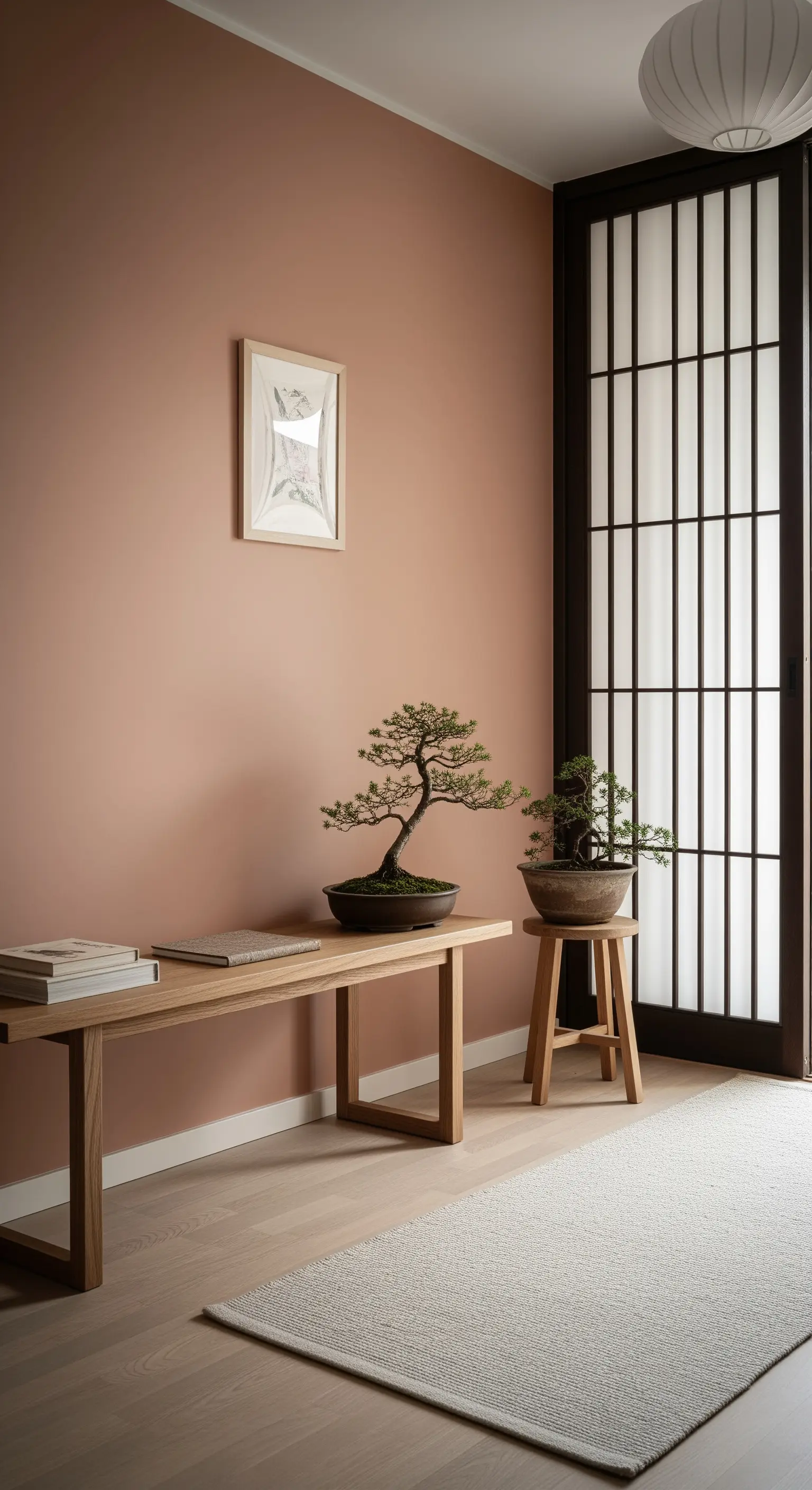 Ingresso in stile Japandi con parete rosa terracotta, panca in legno e piante di bonsai.