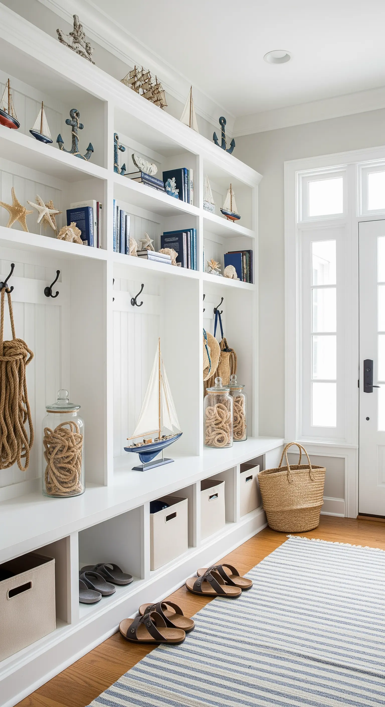 Libreria bianca in stile nautico con decorazioni a tema mare, panca e ceste contenitore.