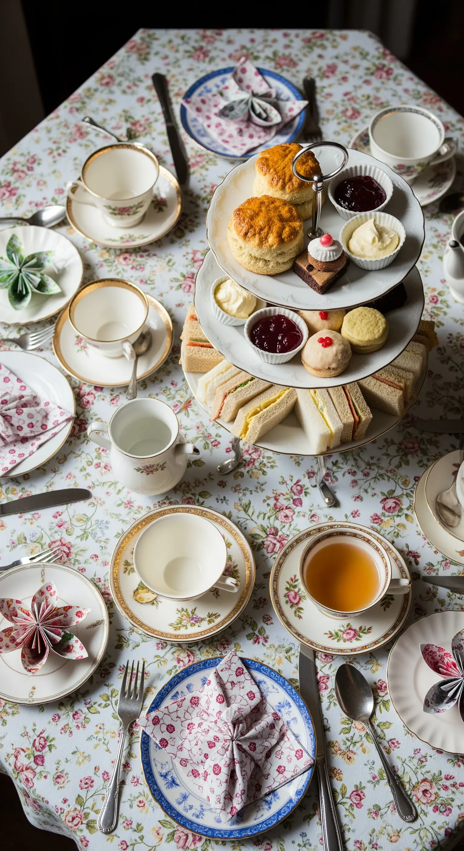 Tavola apparecchiata per un tè inglese con alzata, servizio floreale e tovaglioli piegati a origami.