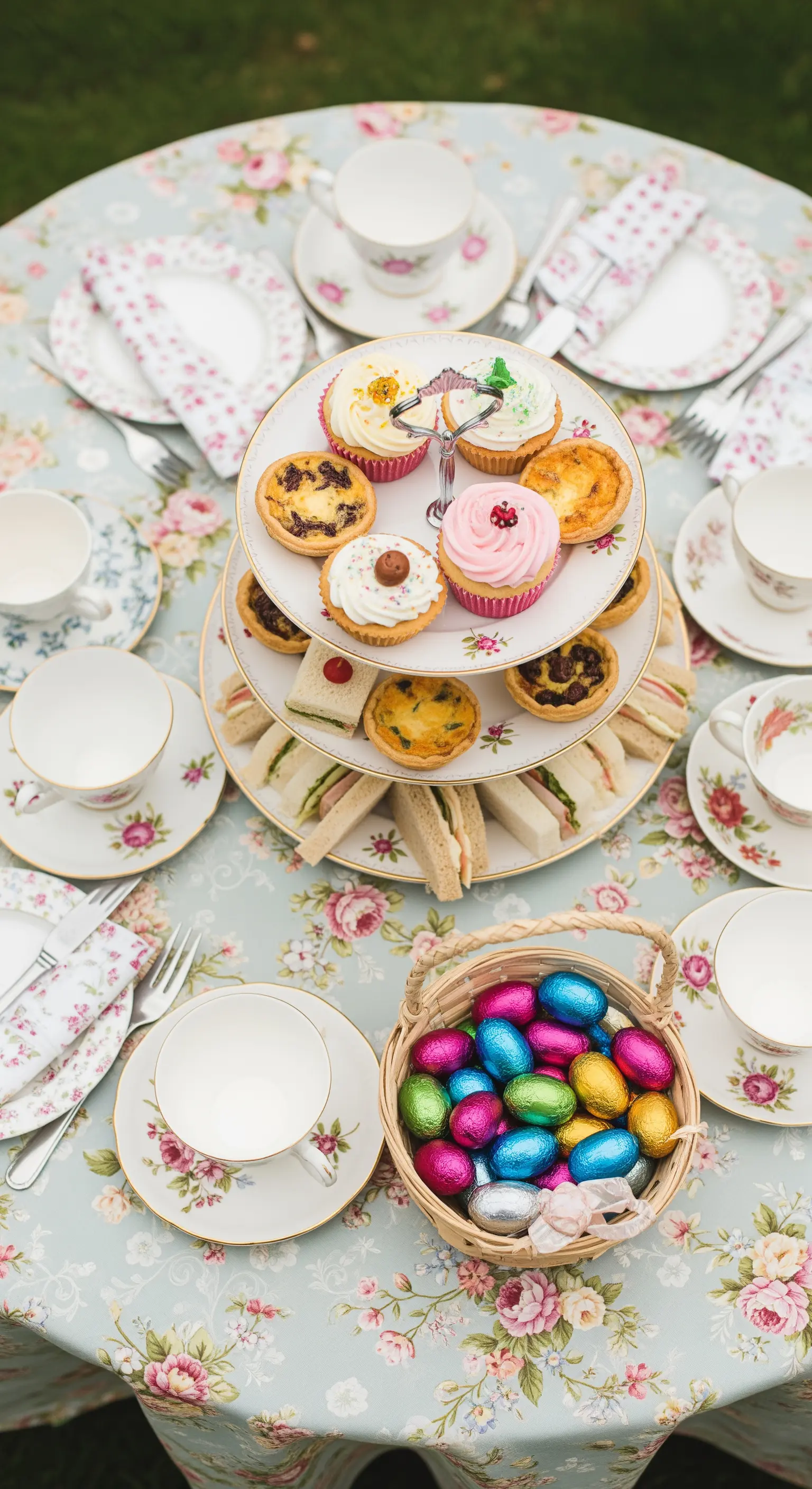 Tavolo da picnic allestito per un tè all'inglese, con alzatina, pasticcini e porcellane floreali.