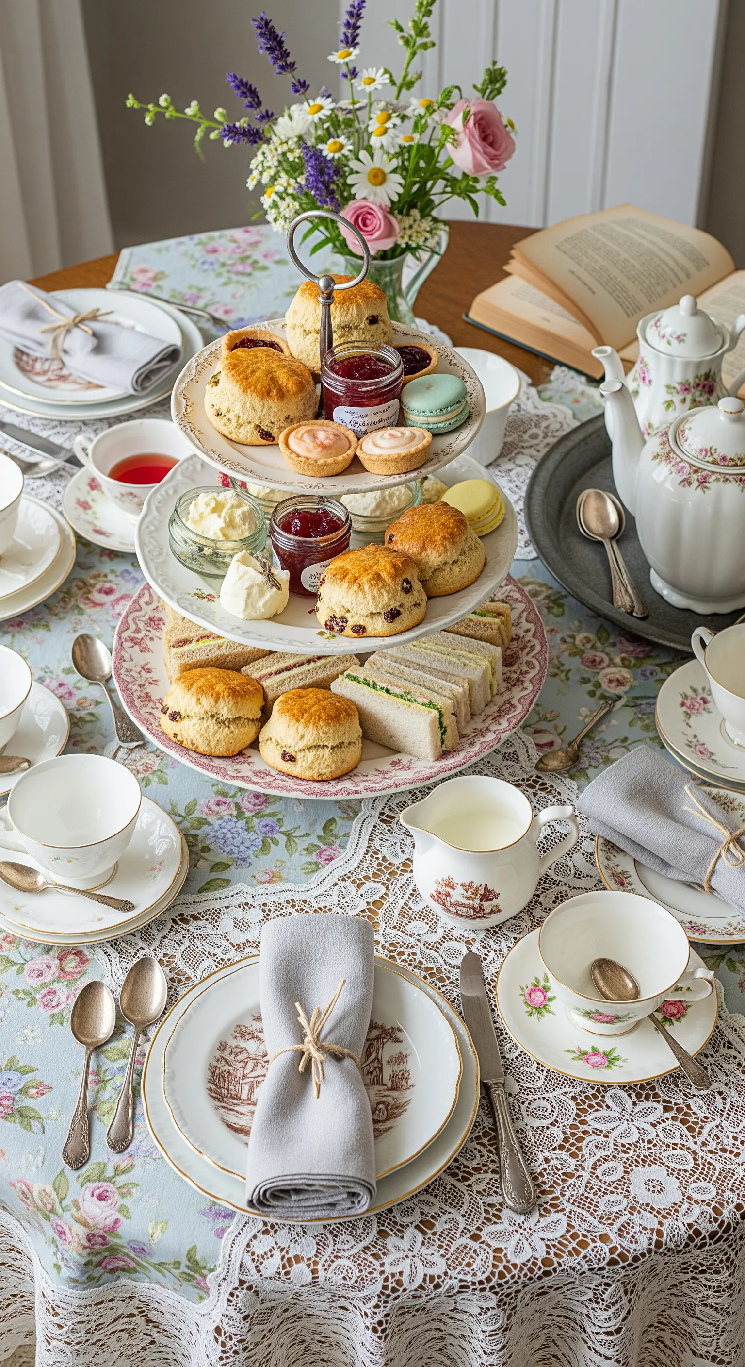 Tavola imbandita per il tè del pomeriggio con alzatina, scones, porcellane floreali e pizzo