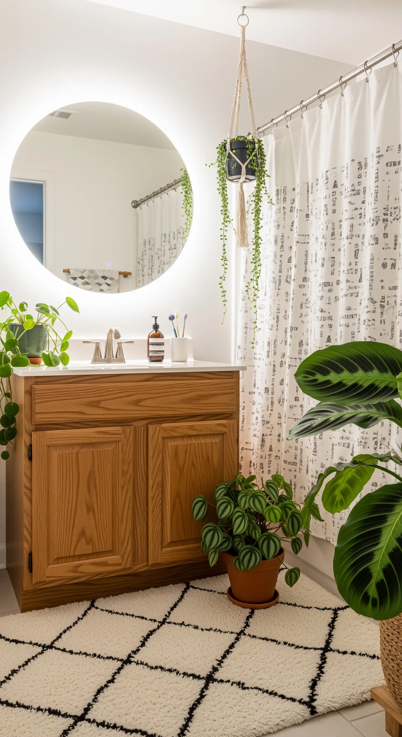 Bagno con mobile in legno, specchio rotondo retroilluminato e tappeto bianco e nero.