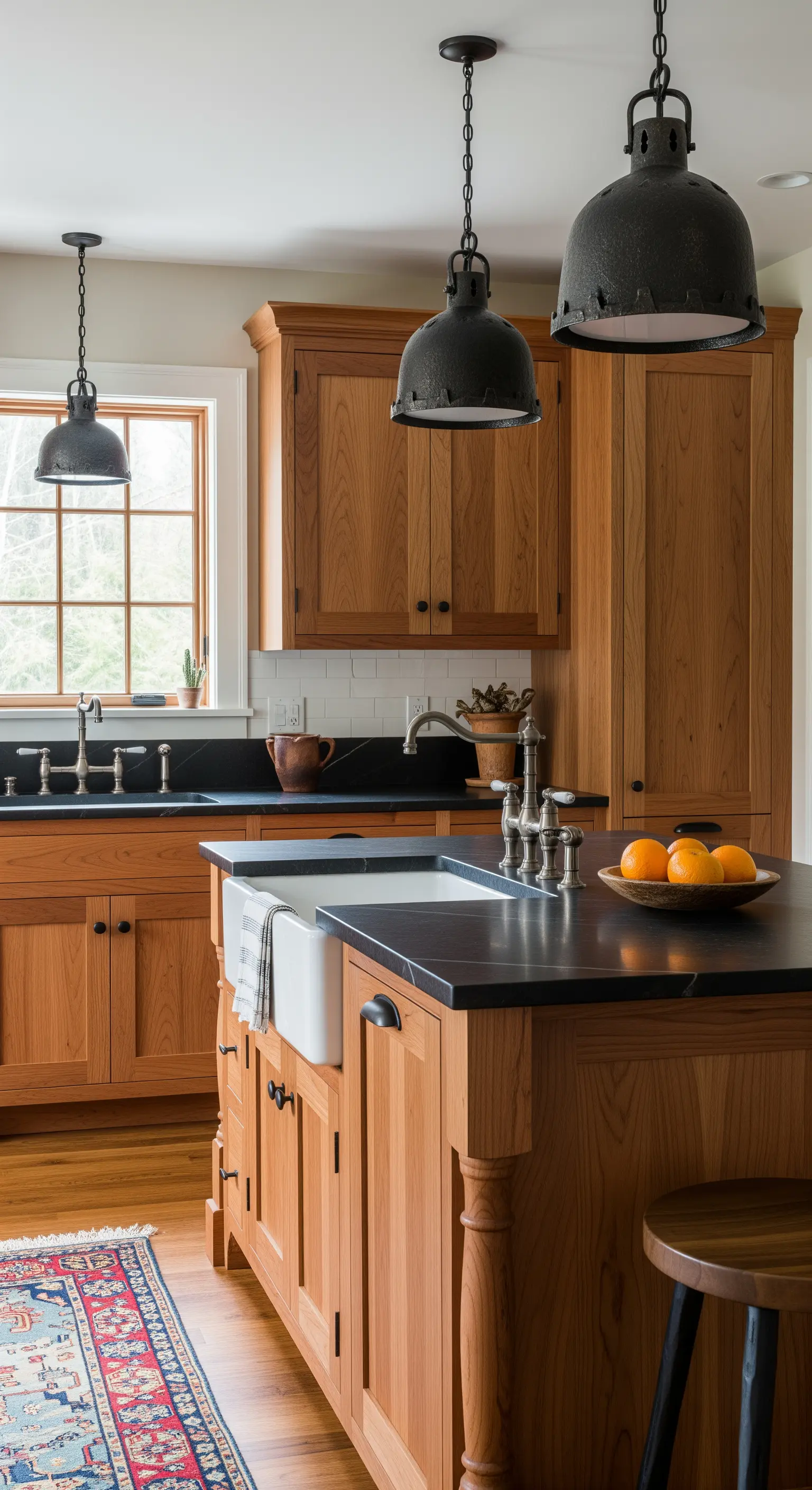 Cucina tradizionale in legno di ciliegio rinnovata con top neri e lampade industriali.