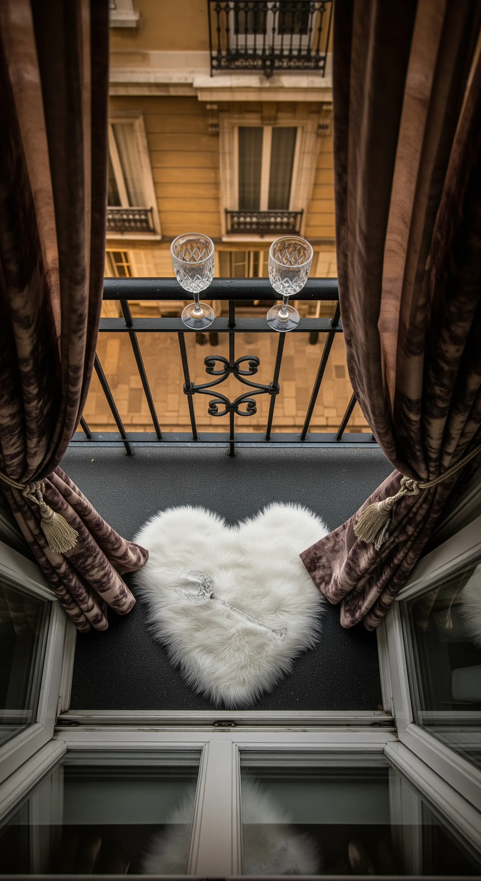 Balcone con vista su un palazzo parigino, con un tappeto bianco a forma di cuore a terra.