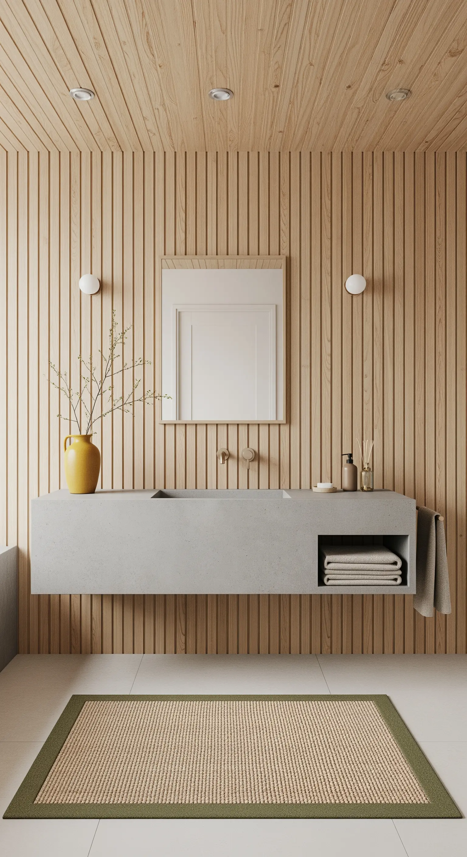 Bagno con parete a listelli di legno, lavabo sospeso in cemento e un vaso senape.