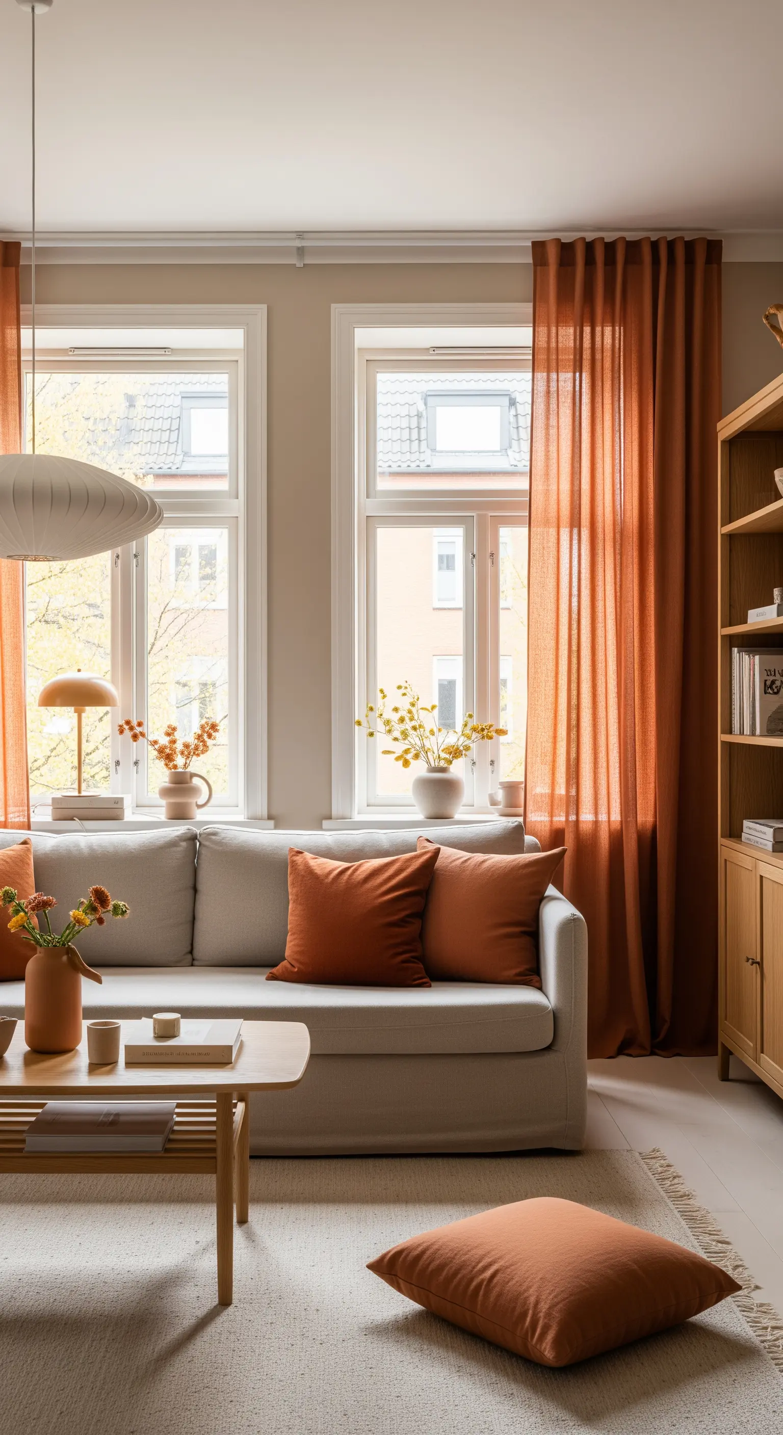 Divano grigio chiaro con cuscini color terracotta e tende color ruggine in un salotto luminoso.