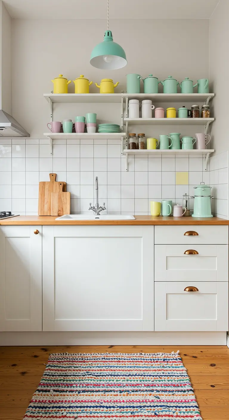 Cucina bianca con mensole a vista colme di ceramiche colorate e una lampada verde menta.