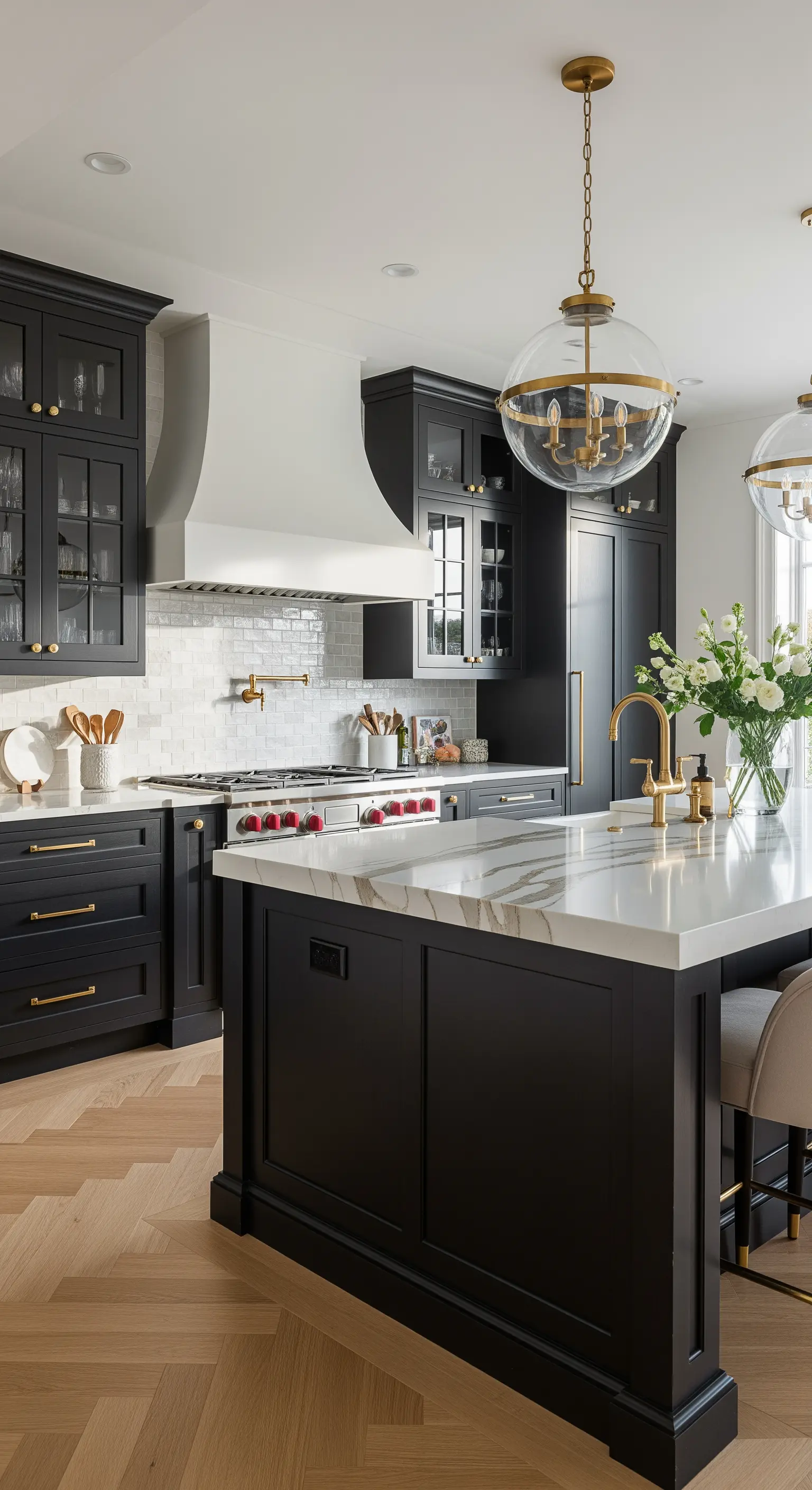 Cucina nera con isola, top in quarzo bianco e finiture in ottone dorato.