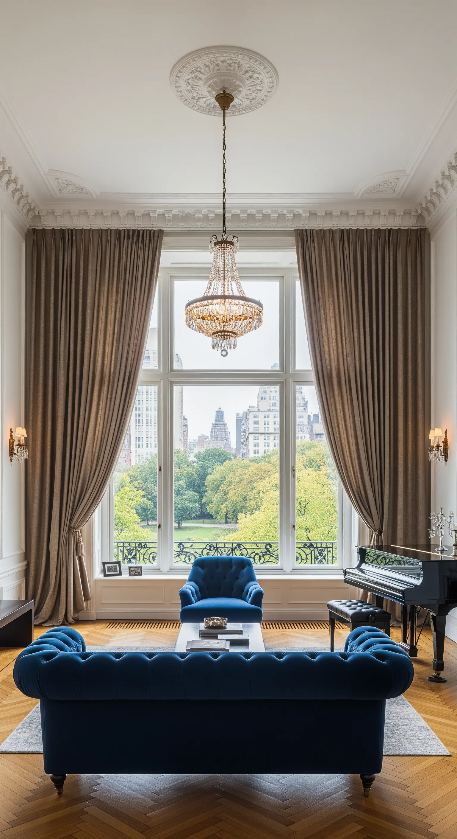 Salotto classico con lampadario di cristallo, divano chesterfield blu e tende color talpa.