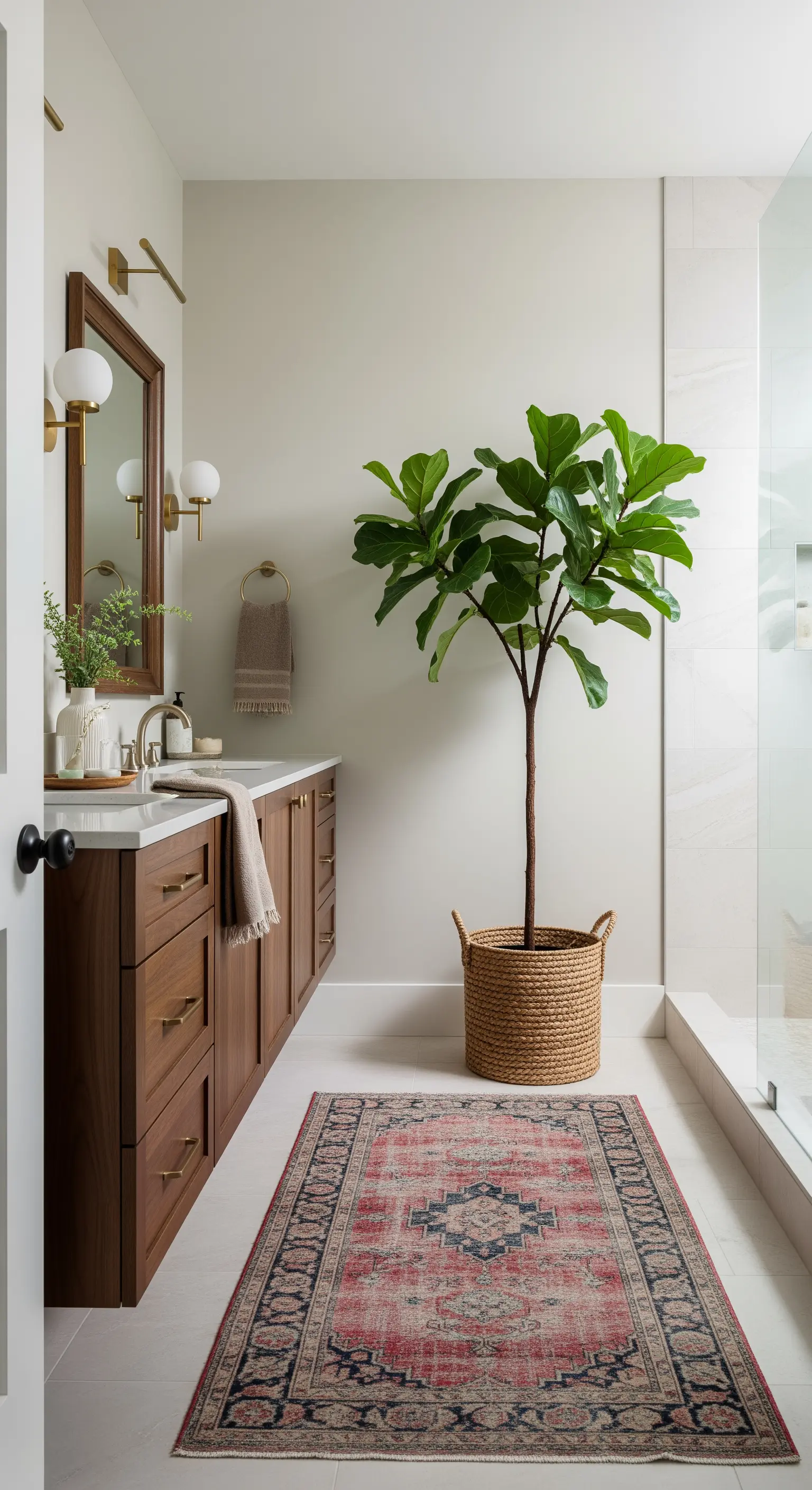 Bagno moderno ed elegante con mobile in noce, illuminato da un tappeto persiano dai toni sbiaditi.