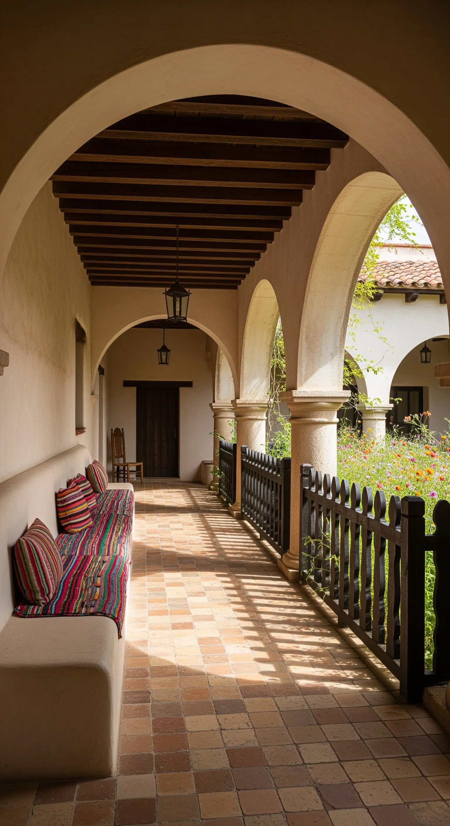 Lungo portico con archi, panca in muratura con cuscini a righe colorate e pavimento in cotto.