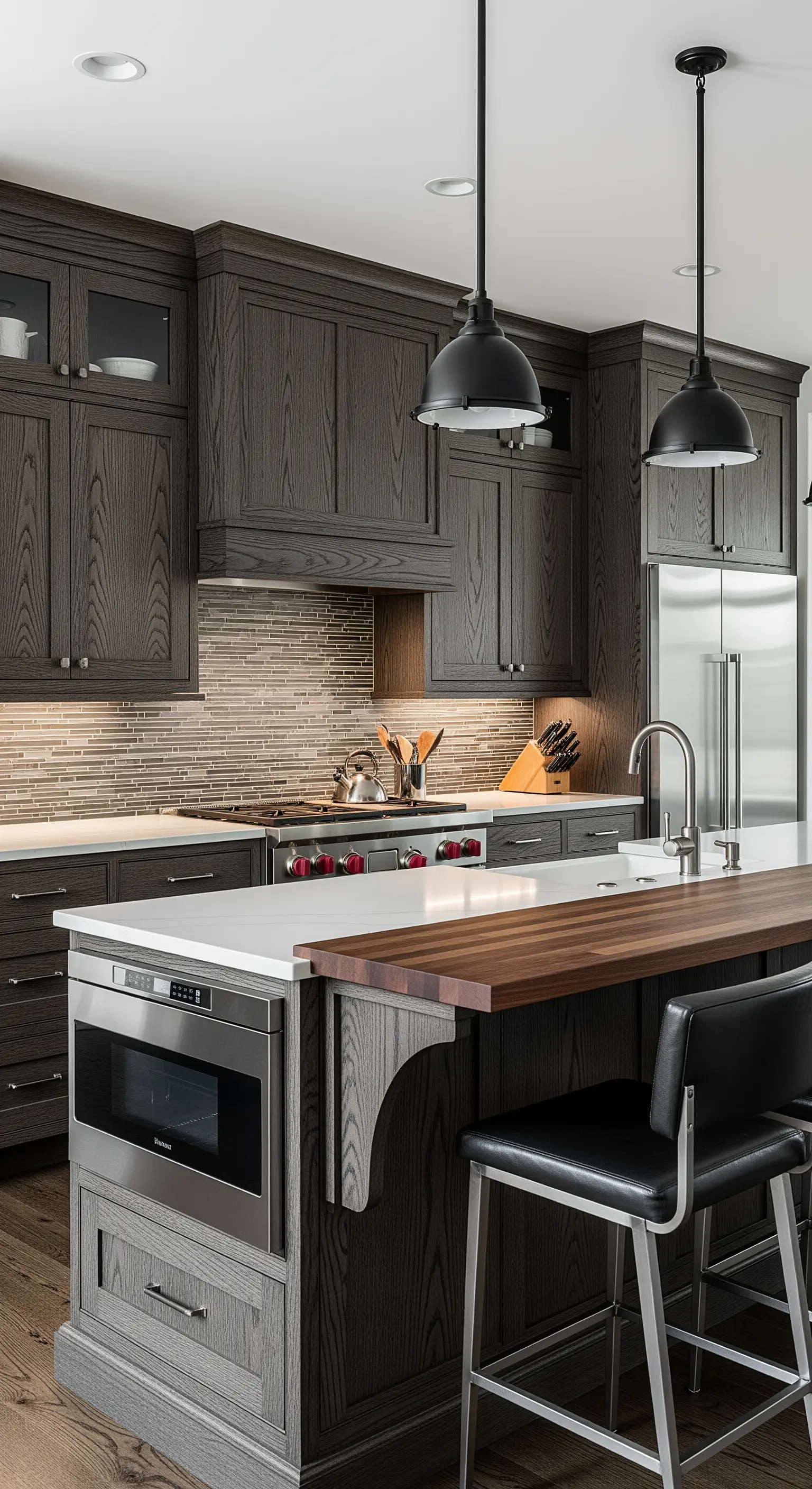 Isola cucina con top in quarzo bianco e un bancone snack rialzato in legno massello.